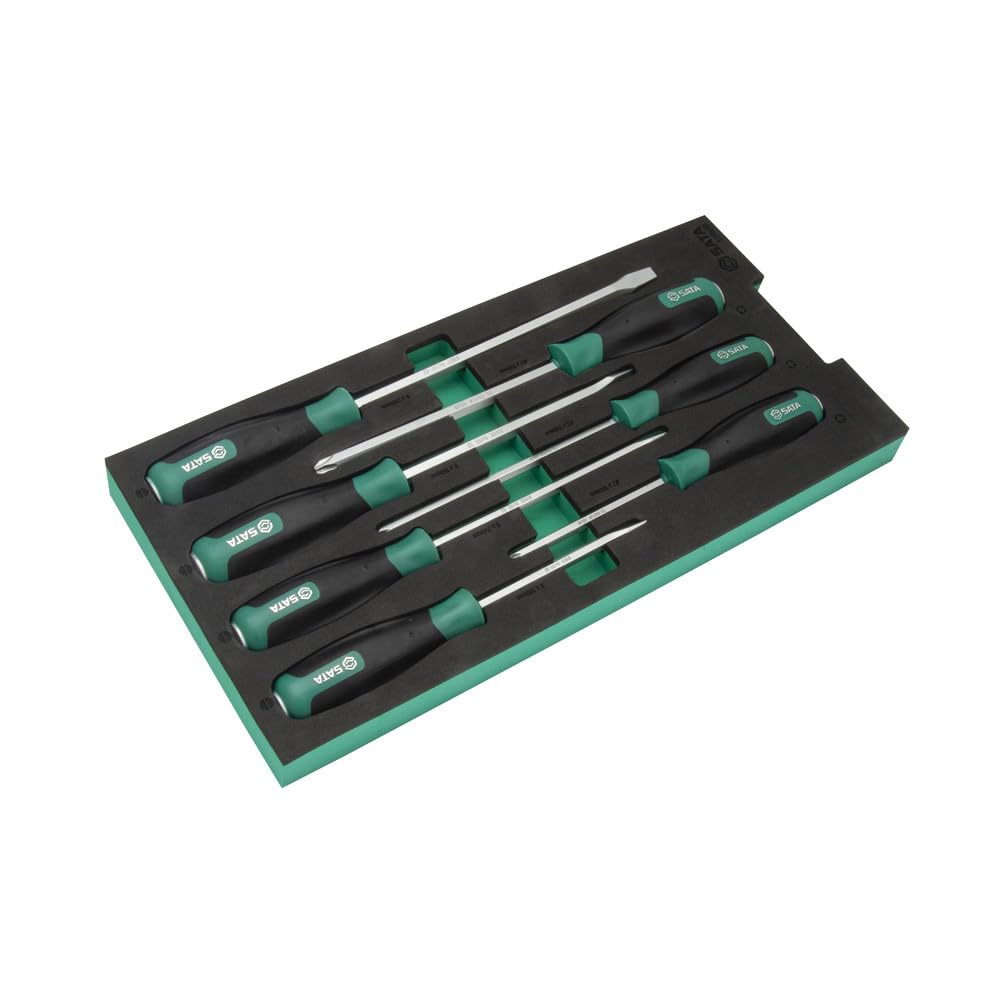 SATA ST09919G - Juego de destornilladores (7 piezas, 400 x 187 mm, cuchillas de acero de alto rendimiento, mango de metal con tapa de impacto, mango ergonómico y suave)