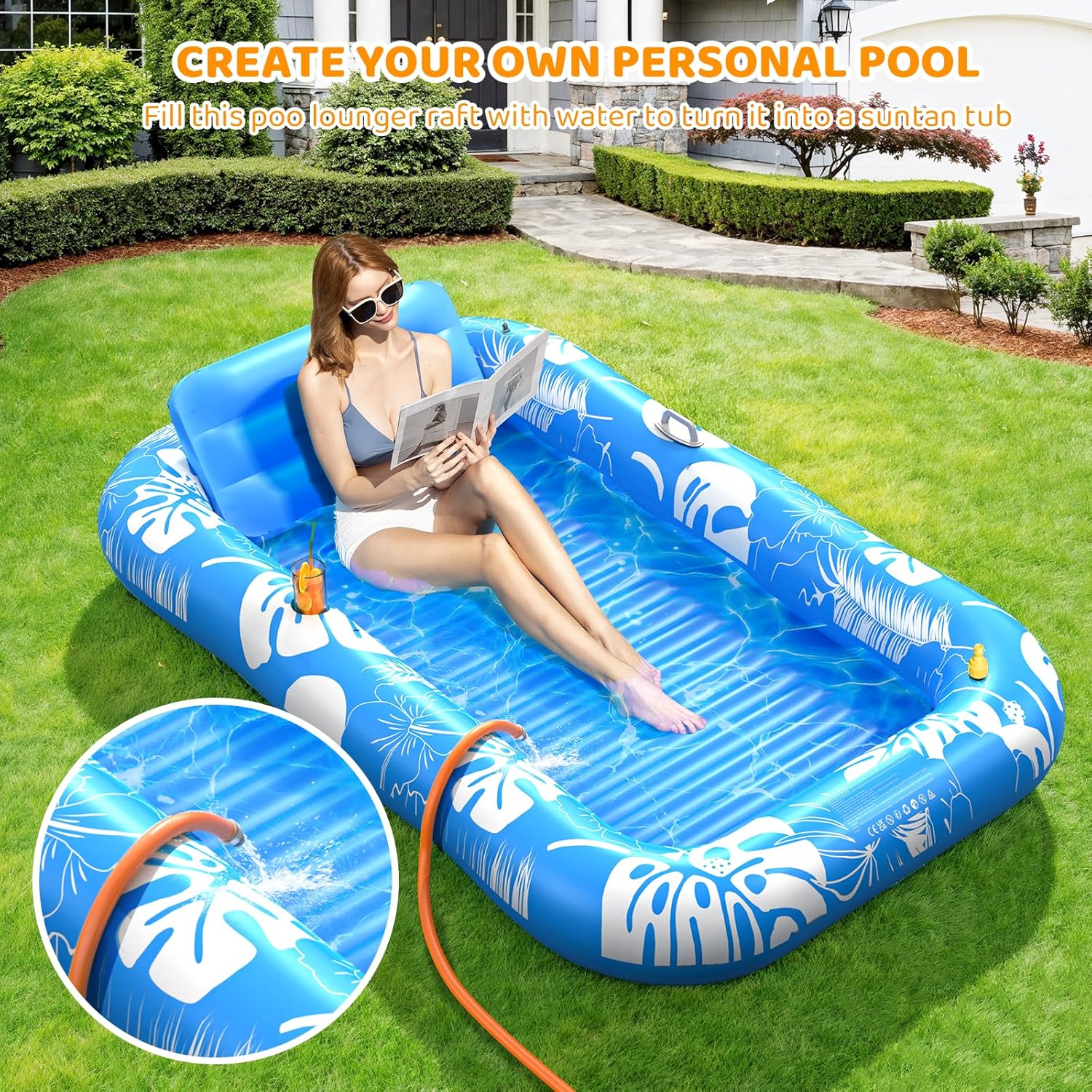 Inflatable Tanning Pool Lounger Float with Sprinkler, 77" x 48" XL Tanning Pool for Adults with Pillow & Cup Holder, 6 in 1 Suntan Tub Sunbathing Bed Pool Floats Adult for Backyard, Beach & Lake