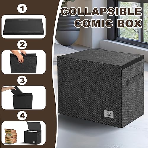 Vista 5 de Leffis Paquete de 3 cajas de cómics plegables y apilables con tapa y ranura para etiquetas de 15.5 x 7.5 x 11.3 pulgadas, capacidad para 150 cómics