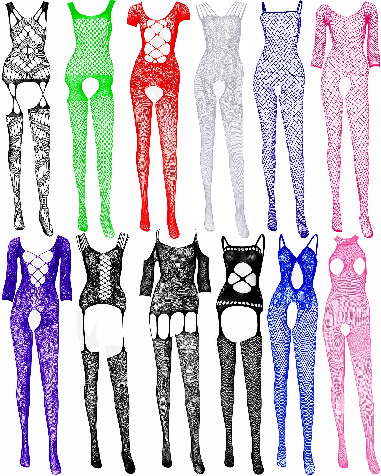 12 Pieces Women's Fishnet Lingerie Mesh Babydoll Bodysuit Lace Smock Lingerie for Women - Multicolor