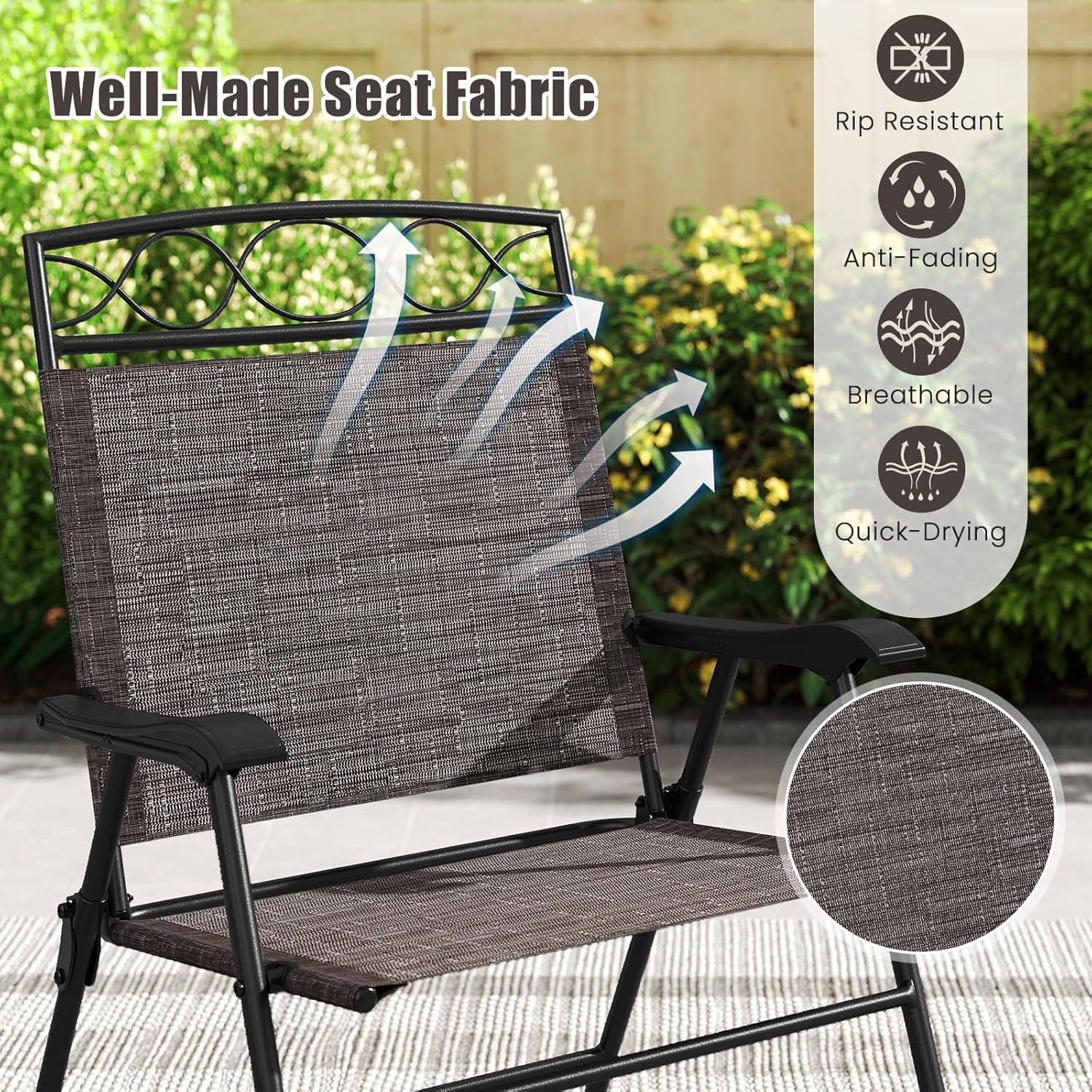 Giantex Set of 4 Patio Folding Chairs, Outdoor Dining Chairs for Camping, Beach, Backyard, Deck, Portable Dining Chair w/Armrest and Metal Frame, 4-Pack (Dark Brown)