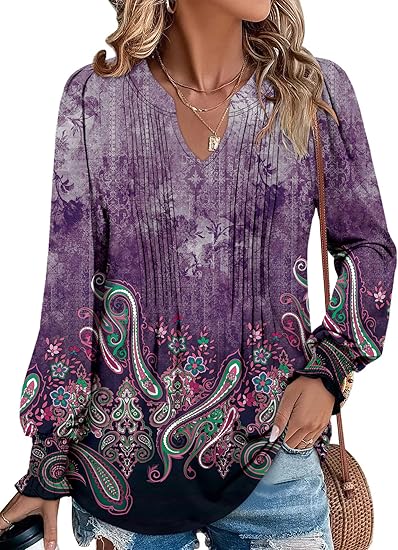 BETTE BOUTIK Long Sleeve Shirts for Women Fall Tops Dressy Blouses Pleated V Neck Tunic Tops for Leggings S-3XL