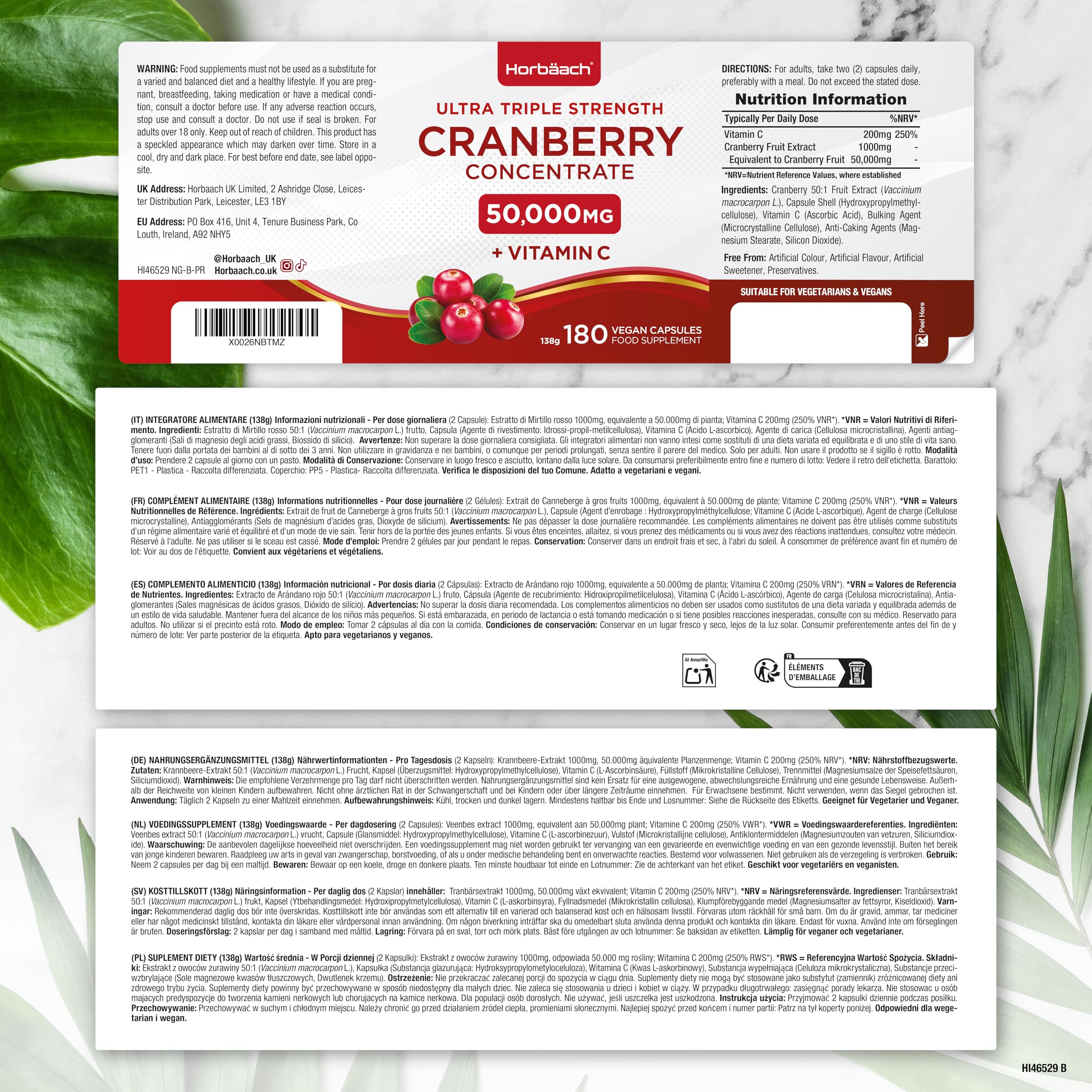 Mirtillo Rosso 50000 mg con Vitamina C | Cranberry 50:1 Extract | 180 Capsule Vegane in Polvere | Horbaach