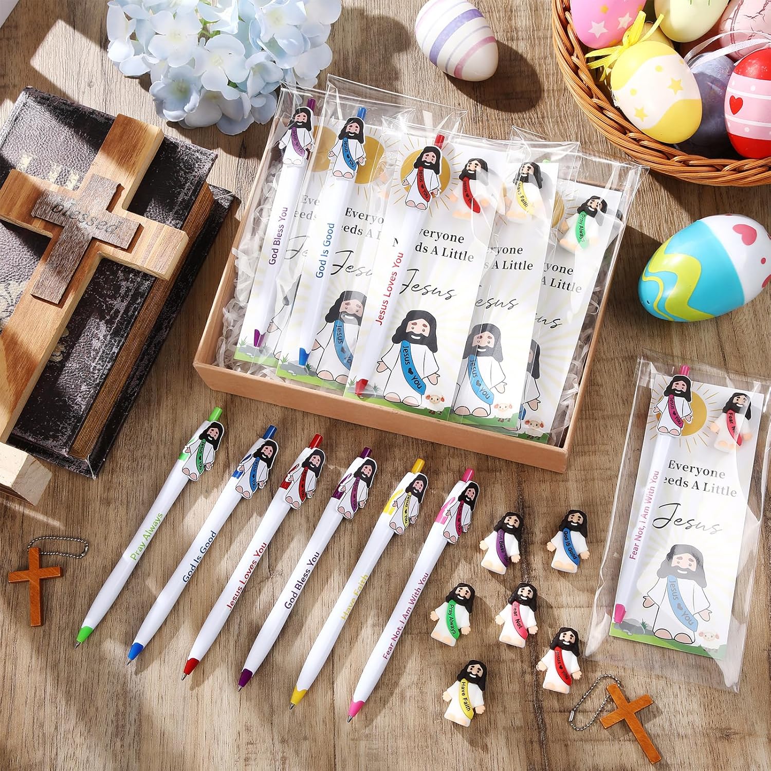 24 Set Christian Jesus Pens Bulk, Sunday Back to School Prizes for Kids Include 24 Bible Pens & 24 Little Jesus's with 24 Church Card for Classroom Kids Stationary(Multiple Jesus)