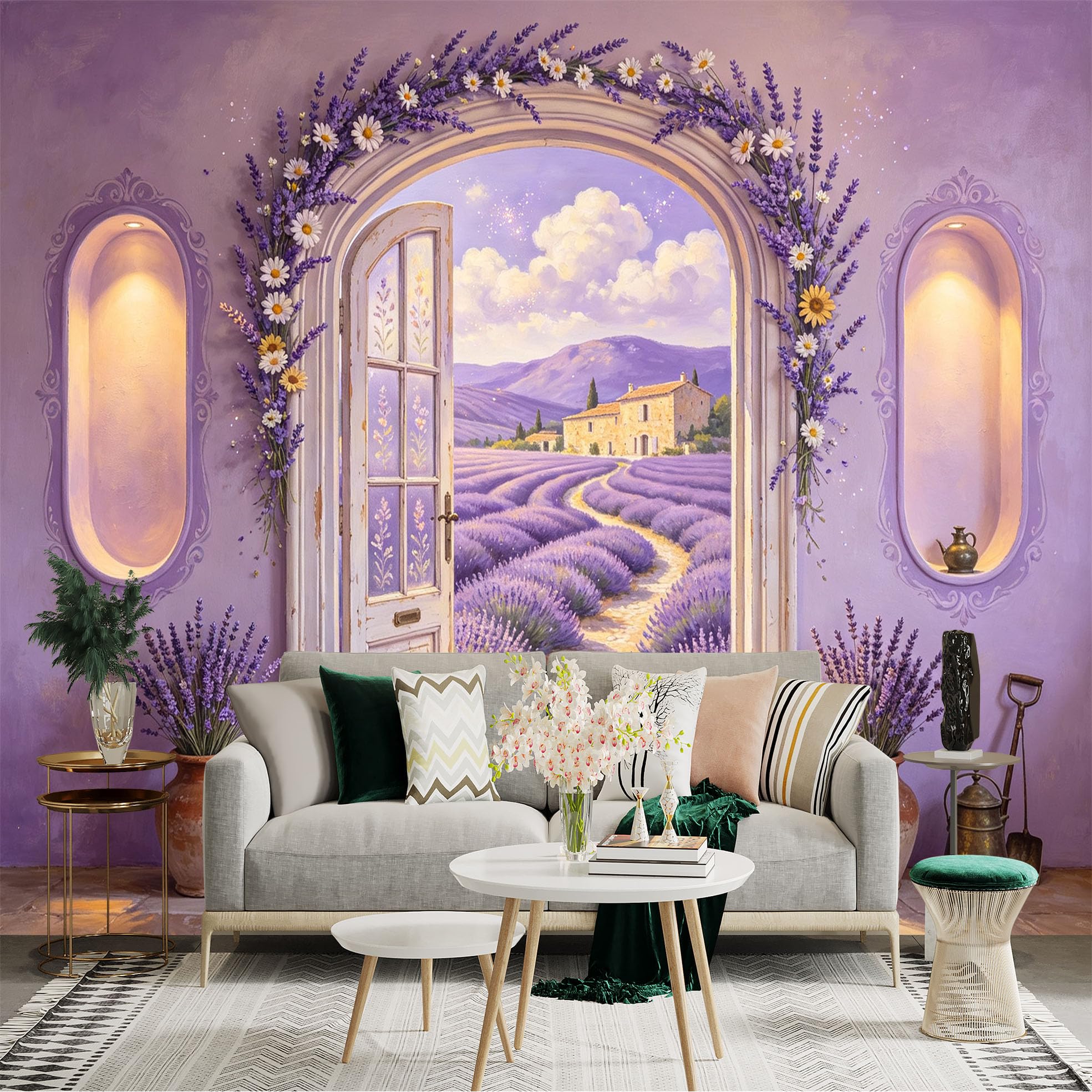 Custom Size Wall Sticker Mural， Lavender Field Cottage Archway Floral Landscape， for wall Decoration， peelandstick wall Decals.