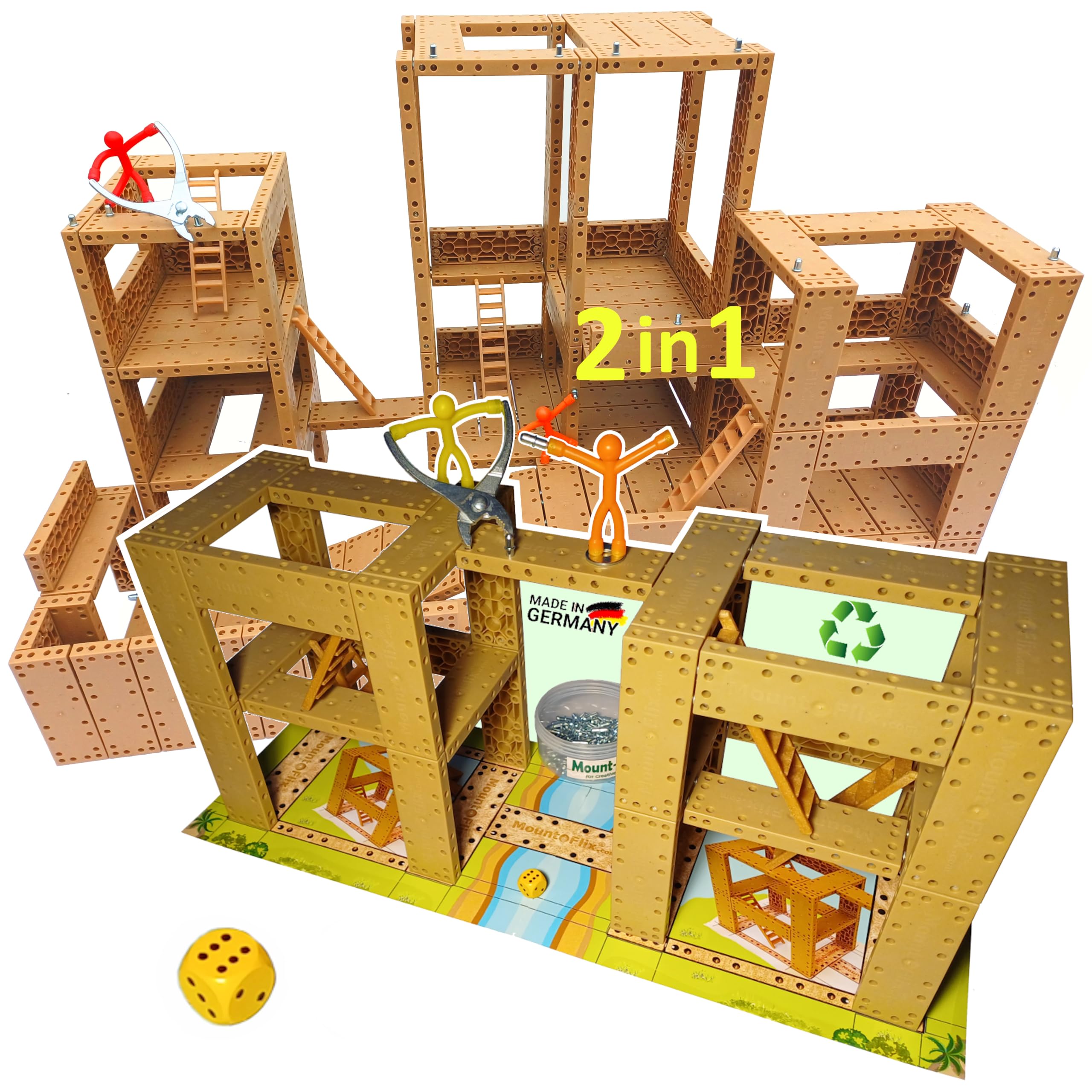Basis-Set kreatives Kinderspielzeug aus vorwiegend Recycling-Kunstkork, Konstruktions-Baukasten mit 160 steckbaren flexiblen Bausteinen inkl. brettspielartigen Turmbau-Würfelspiel