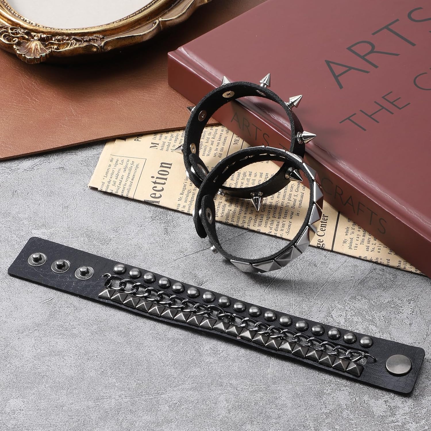 3 Pcs Punk Rock Leather Studded Bracelets, Spiked Leather Cuff Bracelet for Men Women 80s 90s Goth Adjustable Wrap Wrist Cuffs Emo Jewelry Accessories - Image 5