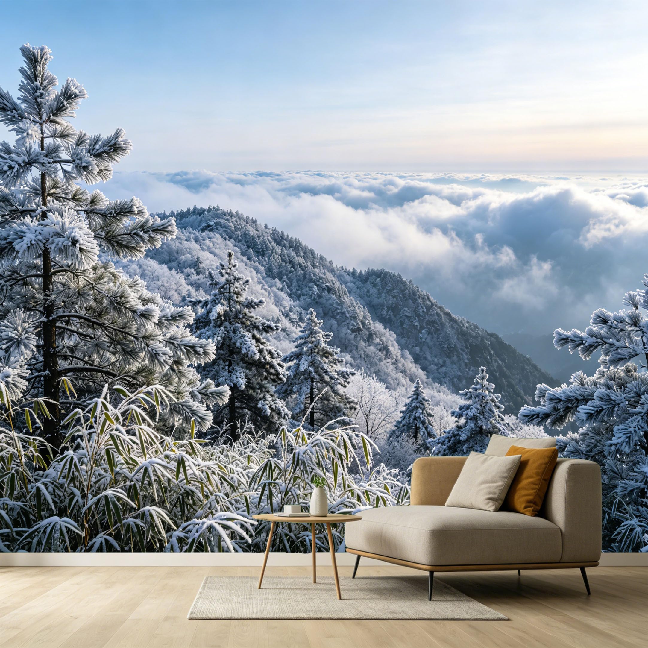 Custom Size Wall Murals Snow Mountain Forest Landscape Oil Painting Above Clouds SelfAdhesive Wall Fabric Removable Large Wallpaper for Photo Living Room