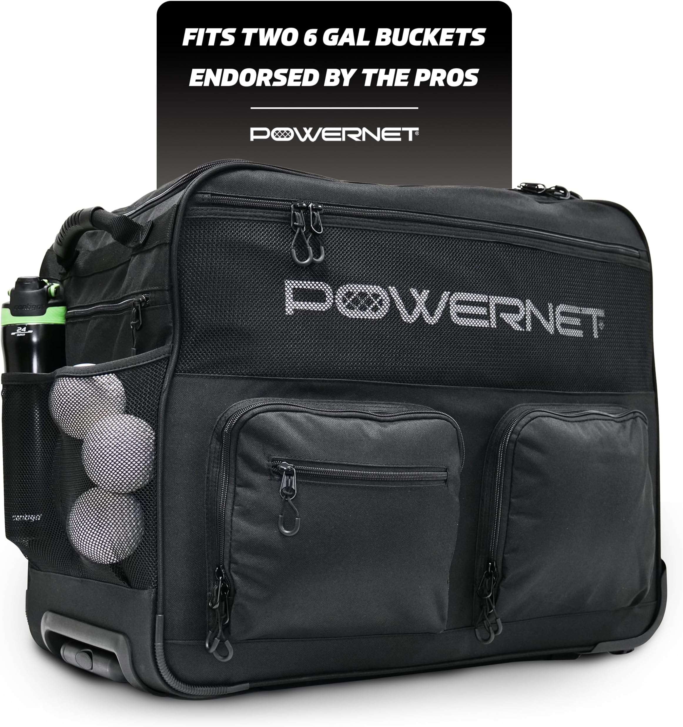 PowerNet Rolling Baseball Coaches Bag Caddy | Holds Up to Two Ball Buckets with Padded Seats | Telescoping Pull Handle Rugged Wheels for Easy Batting Practice | Bucket Organizer for Softball