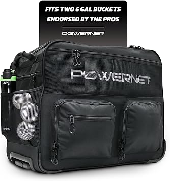 PowerNet Rolling Bucket Bag, Holds 2 6-Gallon Bucket of Baseballs & Softballs, Storage Pockets for Baseball Bat, Gloves & Scoreboards, Fits Launch F-lite Pitching Machine & Balls