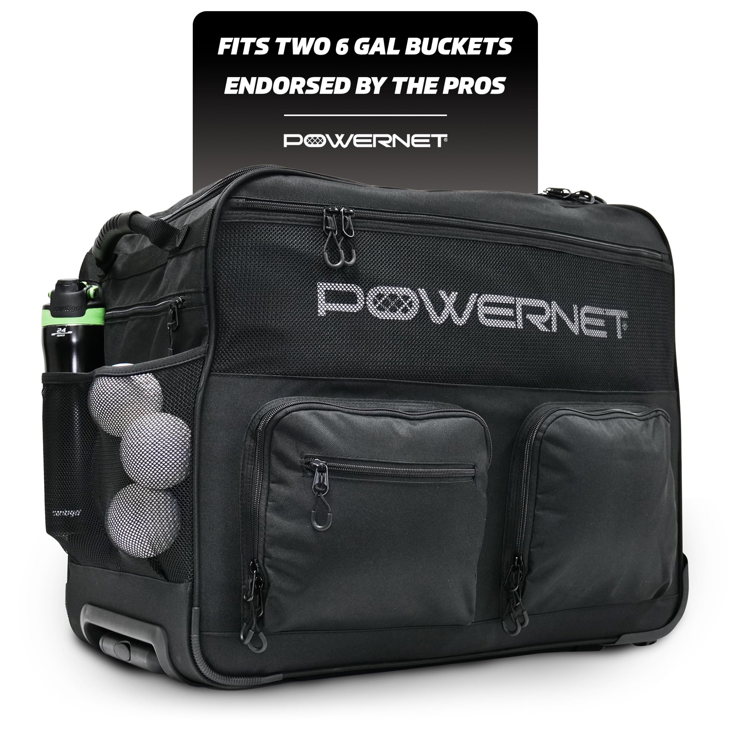 PowerNet Rolling Bucket Bag, Holds 2 6-Gallon Bucket of Baseballs & Softballs, Storage Pockets for Baseball Bat, Gloves & Scoreboards, Fits Launch F-lite Pitching Machine & Balls