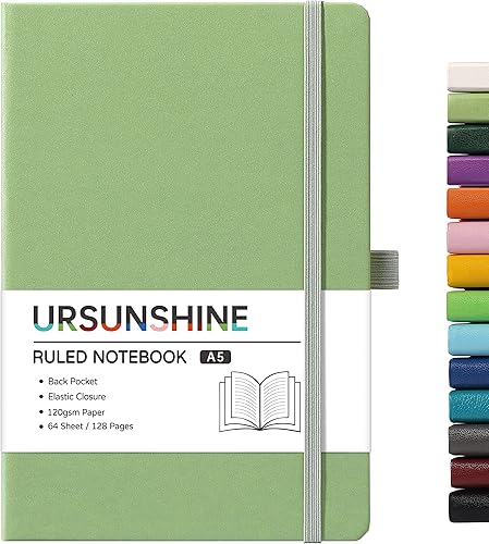 Cuaderno a rayas, diario clásico, 5.3 x 8.26 pulgadas, tapa dura, papel grueso, doble espiral, bandas, soporte para bolígrafo, bolsillo interior,
