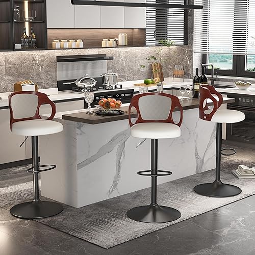 Miniatura 7 de VECELO Juego de 2 taburetes de bar, taburetes de altura de mostrador con respaldo de madera curvada, reposabrazos y reposapiés, asiento acolchado de