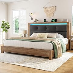 EnHomee Wooden King Size Bed Frame Upholstered King Bed Frame and Headboard with Charging Station and LED Lights