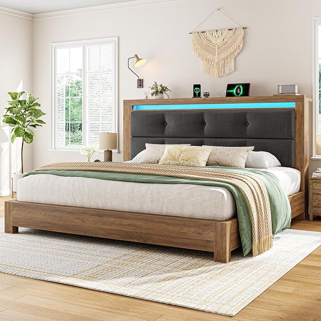 EnHomee Wooden King Size Bed Frame Upholstered King Bed Frame and Headboard with Charging Station and LED Lights