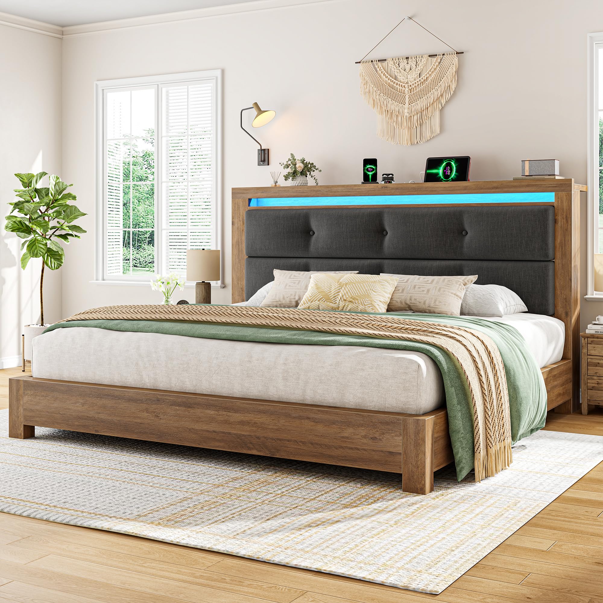EnHomee Wooden King Size Bed Frame Upholstered King Bed Frame and Headboard with Charging Station and LED Lights