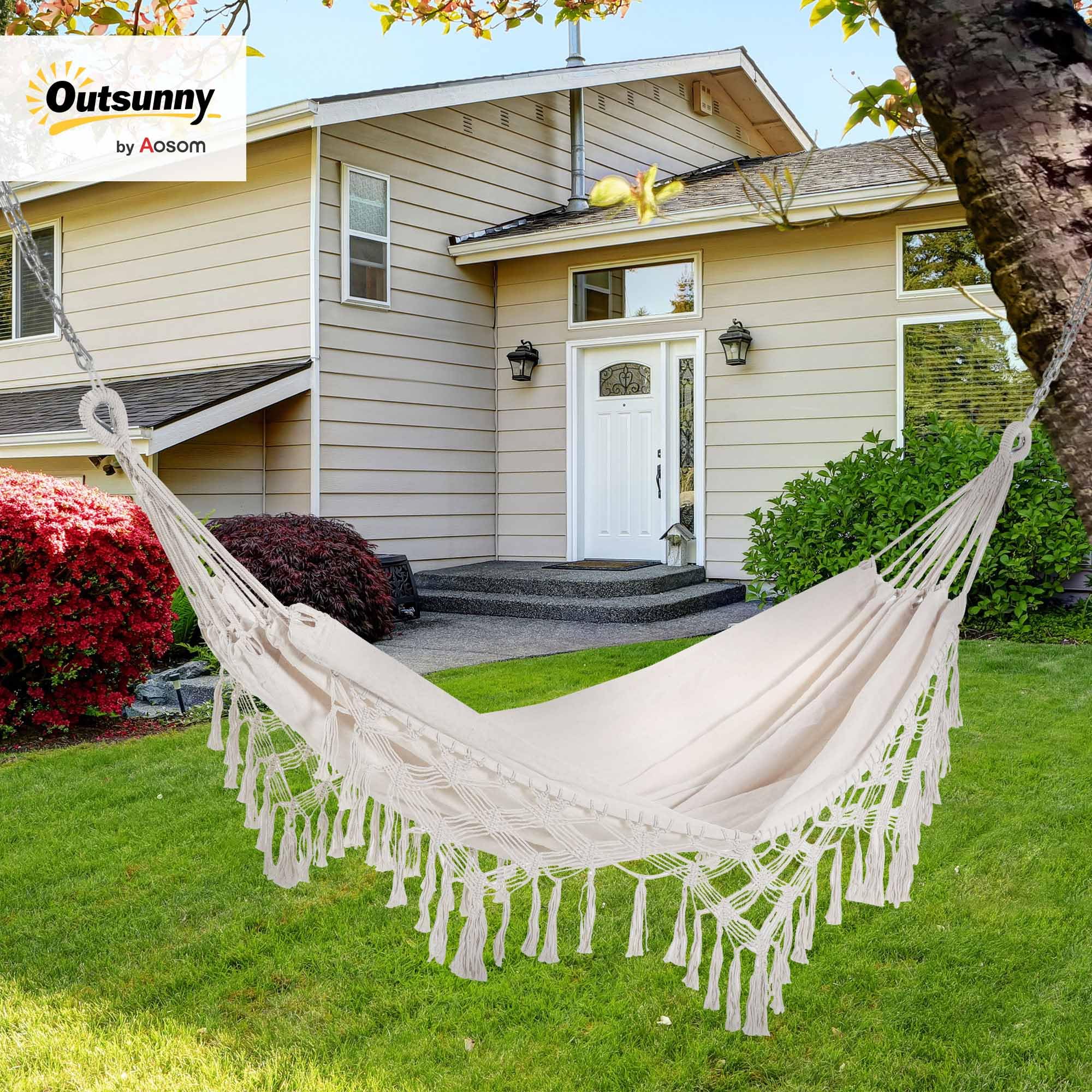 Outsunny Hamac de Voyage Portable Style bohème Chic Toile de hamac dim. totales 2,88L x 1,5l m Coton Polyester Beige