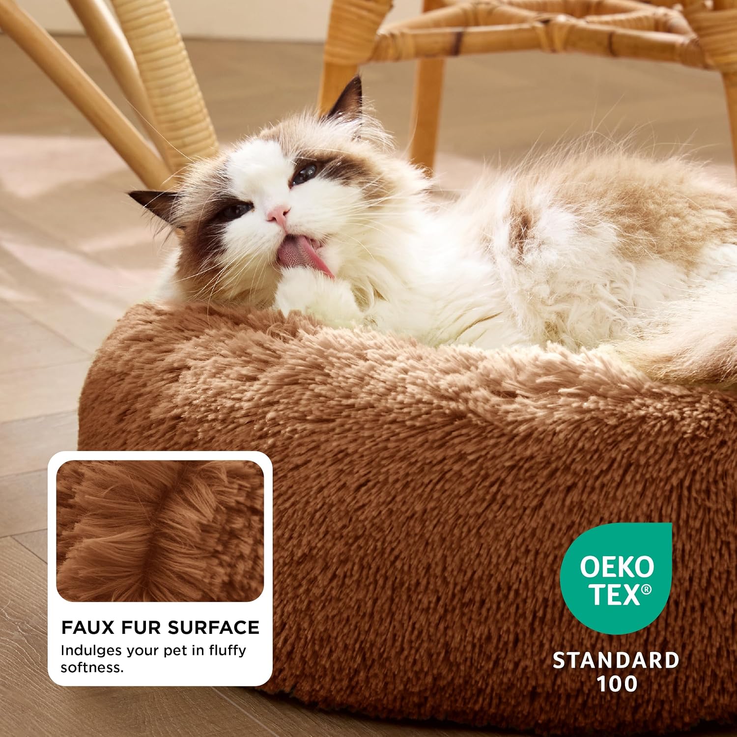  Calming Cat Beds Donut Round Washable Kitten Bed,20 inches Copper | Fluffy Faux Fur Cuddler,Machine Washable,Anti-Slip Bottom,Anti-Anxiety,Deep Sleeping for Cats&Small Pets Up to 15 Lbs thumbnail