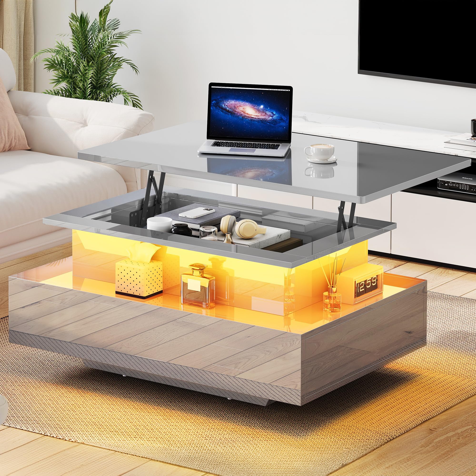 YITAHOME Tavolino da caffè lucido con striscia LED, tavolino da caffè con ripiano superiore sollevabile per soggiorno, moderno tavolo da tè rettangolare in legno con 2 cassetti