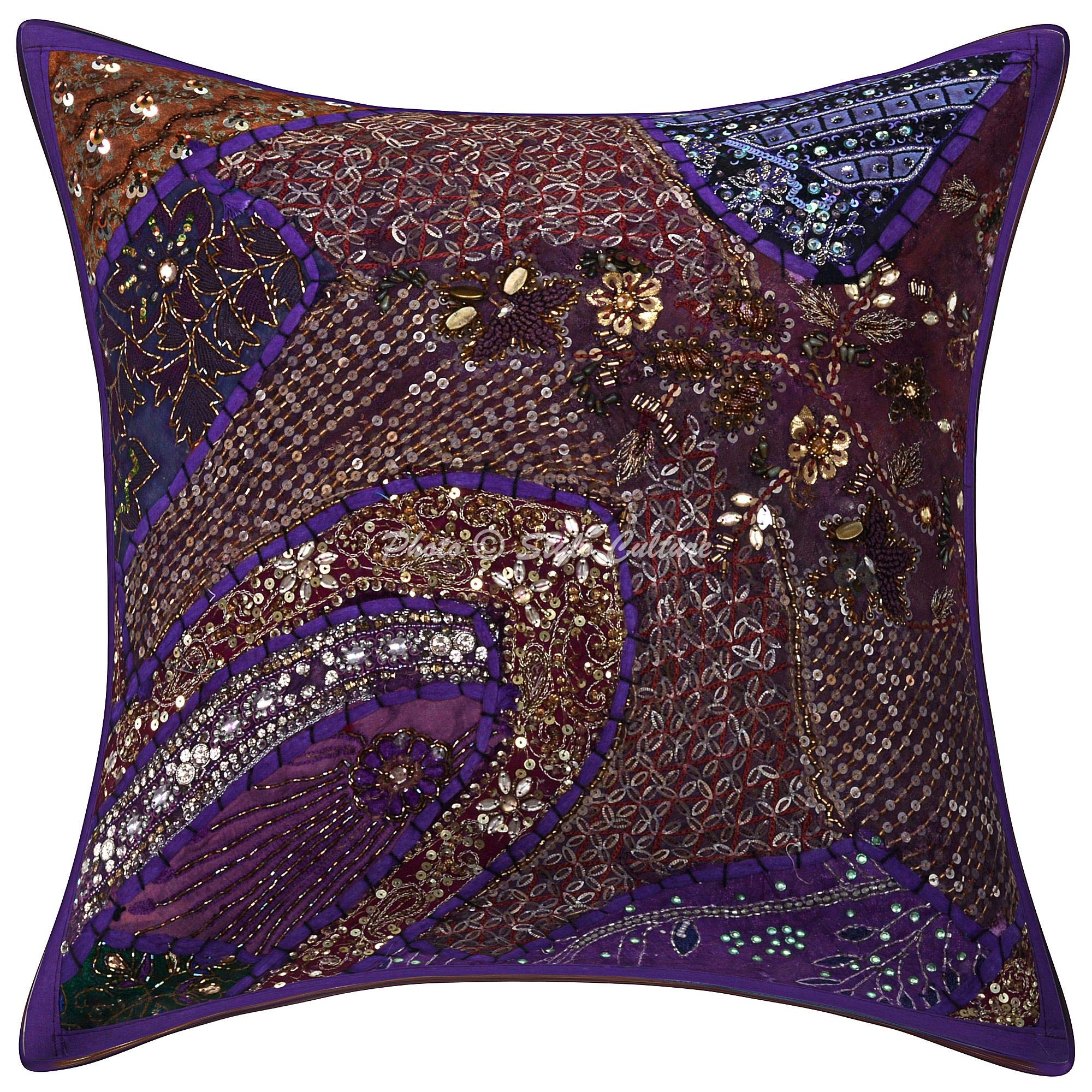 Bohémien Fodere Per Cuscini 40x40 cm Decorativo Per Abbellire Letto Design Del Collo Patchwork Ricamato Con Perline Viola Quadrato Elegante Federe Per Cuscino Soggiorno Sedie - 5 pezzi