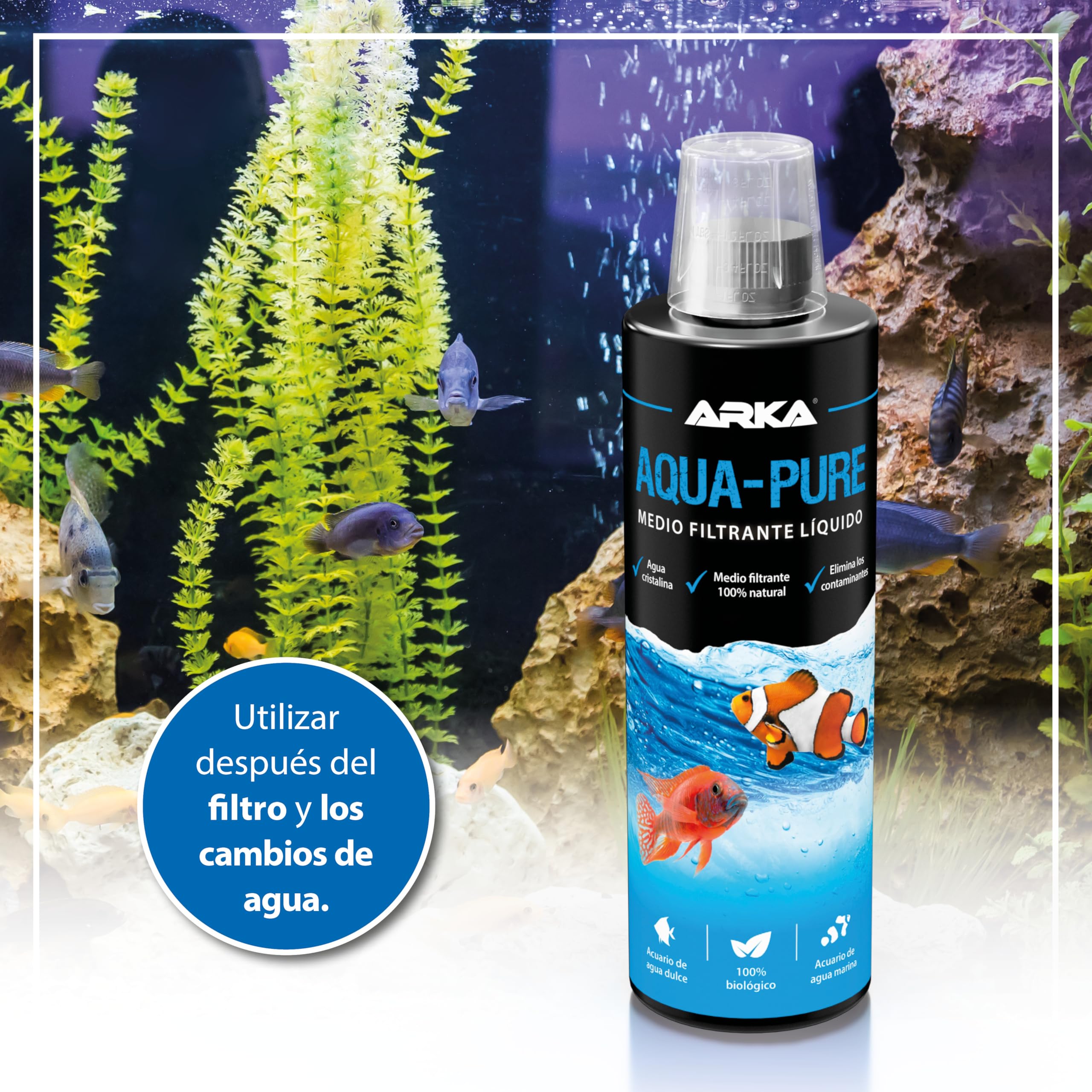 Aclarador de Agua Acuario 118 ml – ARKA Aqua-Pure – Elimina turbidez y residuos – Agua cristalina en acuarios Dulces y Marinos – 100% biológico con bacterias filtrantes – Seguro para Plantas