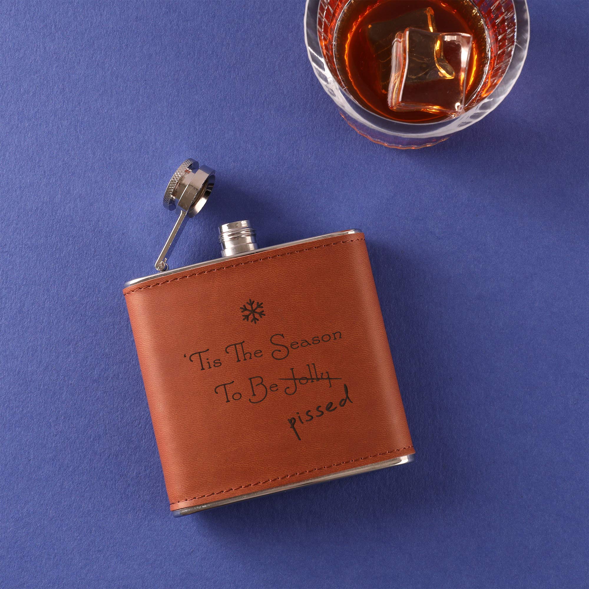 Tis The Season to be Jolly Tan Leather Hip Flask - Funny Christmas Gifts for Men Women - Secret Santa Gifts for Friends