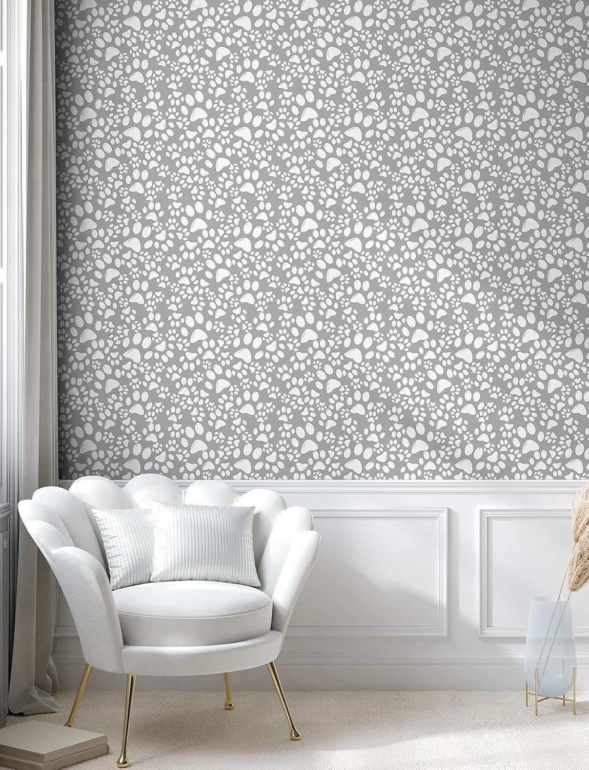 Ambesonne Paw Print Peel & Stick Wallpaper for Home, Greyscale Design Repetition of Irregular Order Dog Foot Mark Puppies, Self-Adhesive Living Room Kitchen Accent, 13" x 100", Pale Taupe and White