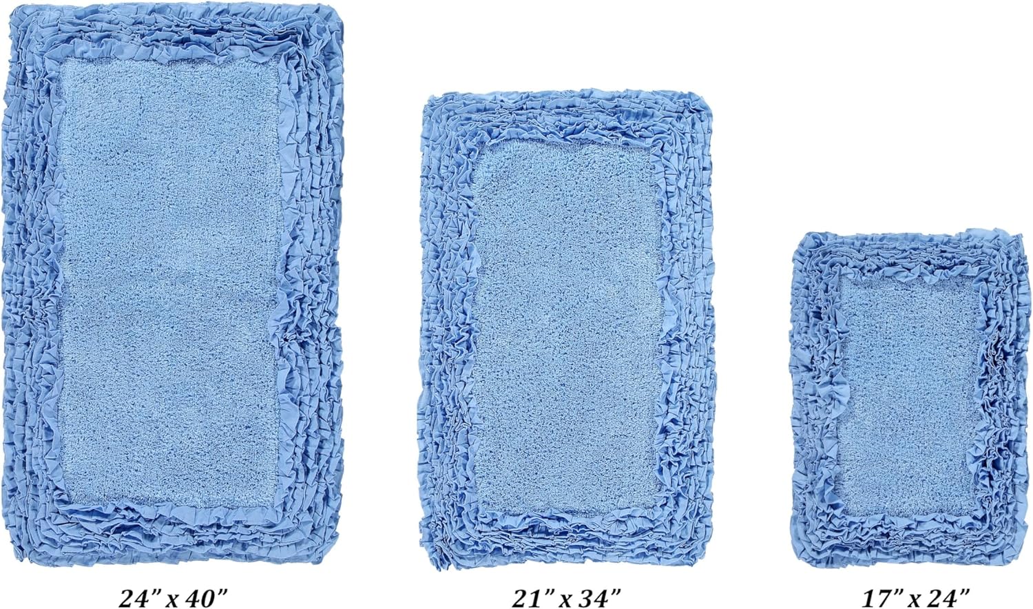 Better Trends 3 Piece Bathmat Set 100% Cotton Tufted Non-Slip Bath Room Rug Pad Bath Rug Soft Absorbent, Washable for Bathroom Decor, Laundry Room Blue Shaggy Border Collection