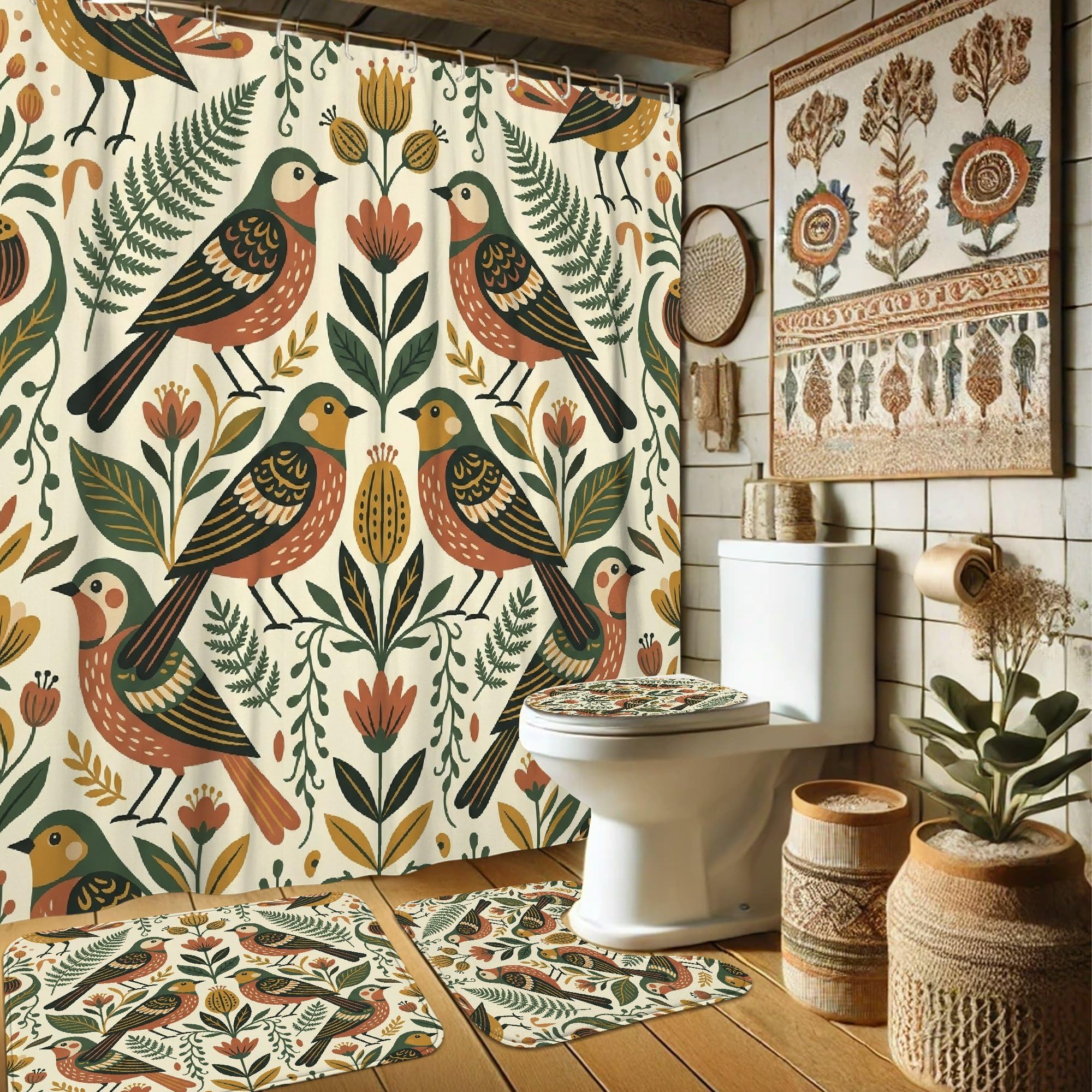 Rideau de douche vert automne avec fleurs et feuilles style bohème 183x183