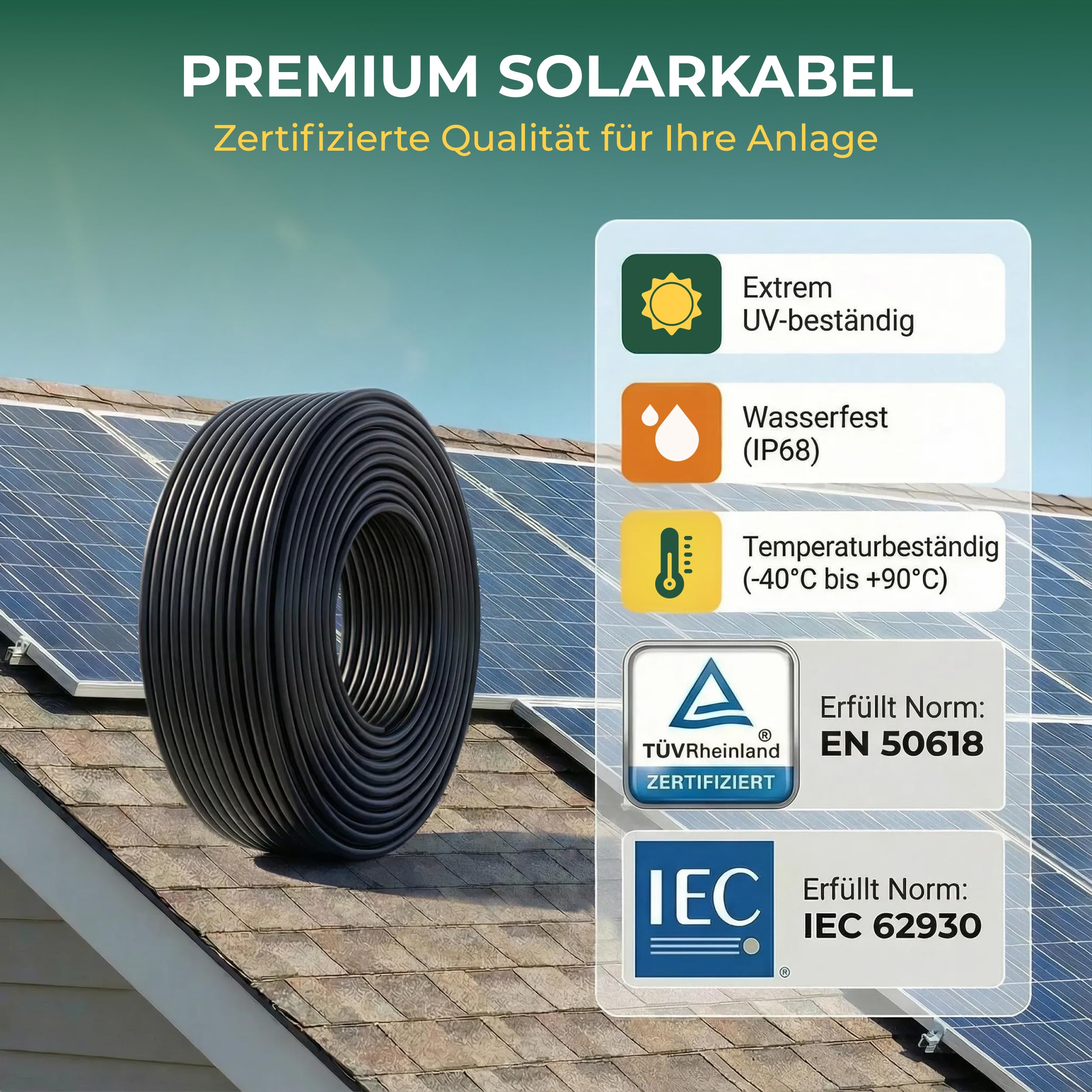 Sovolar Solarkabel 6mm2 100m Rolle Schwarz – H1Z2Z2-K PV Kabel, TÜV zertifiziert, UV-beständig nach EN 50618 für Photovoltaik – 0% MwSt gemäß §12 Abs. 3 UStG