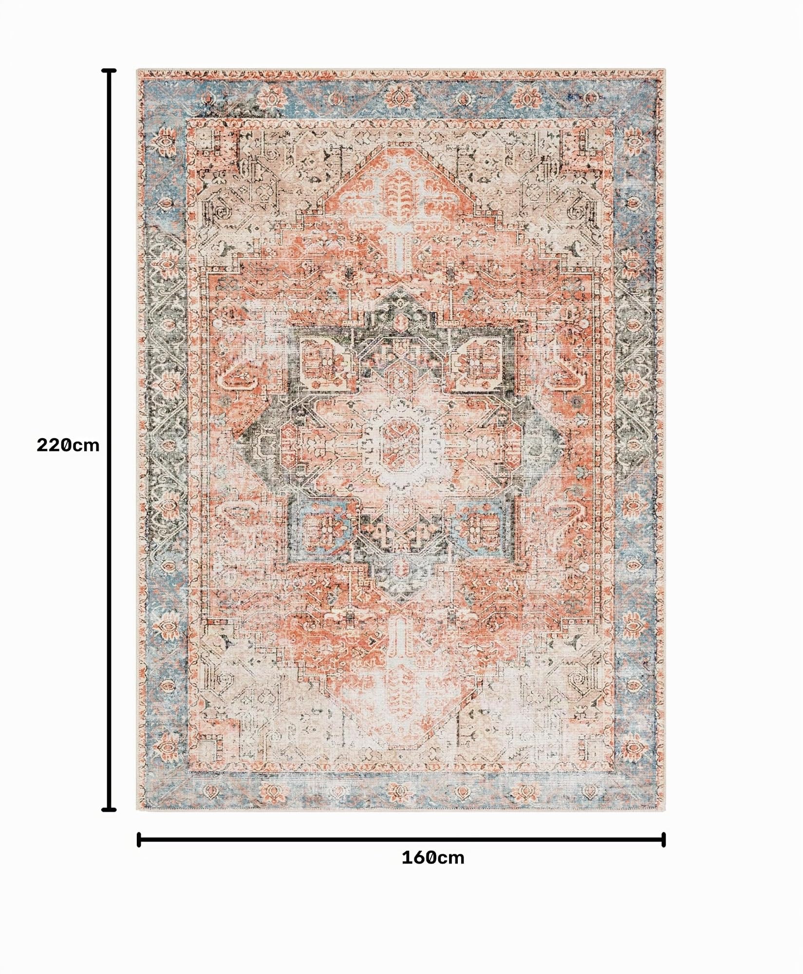 Livabliss Rodas Teppich waschbar in der Waschmaschine - Vintage Teppich Groß für Wohnzimmer 160x220 cm, Schlafzimmer, Küche - Orientalischer Boho Teppiche, Orange, Braun, Blau