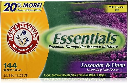Arm & Hammer Essentials - Hojas para secadora, lavanda y lino, 144 unidades