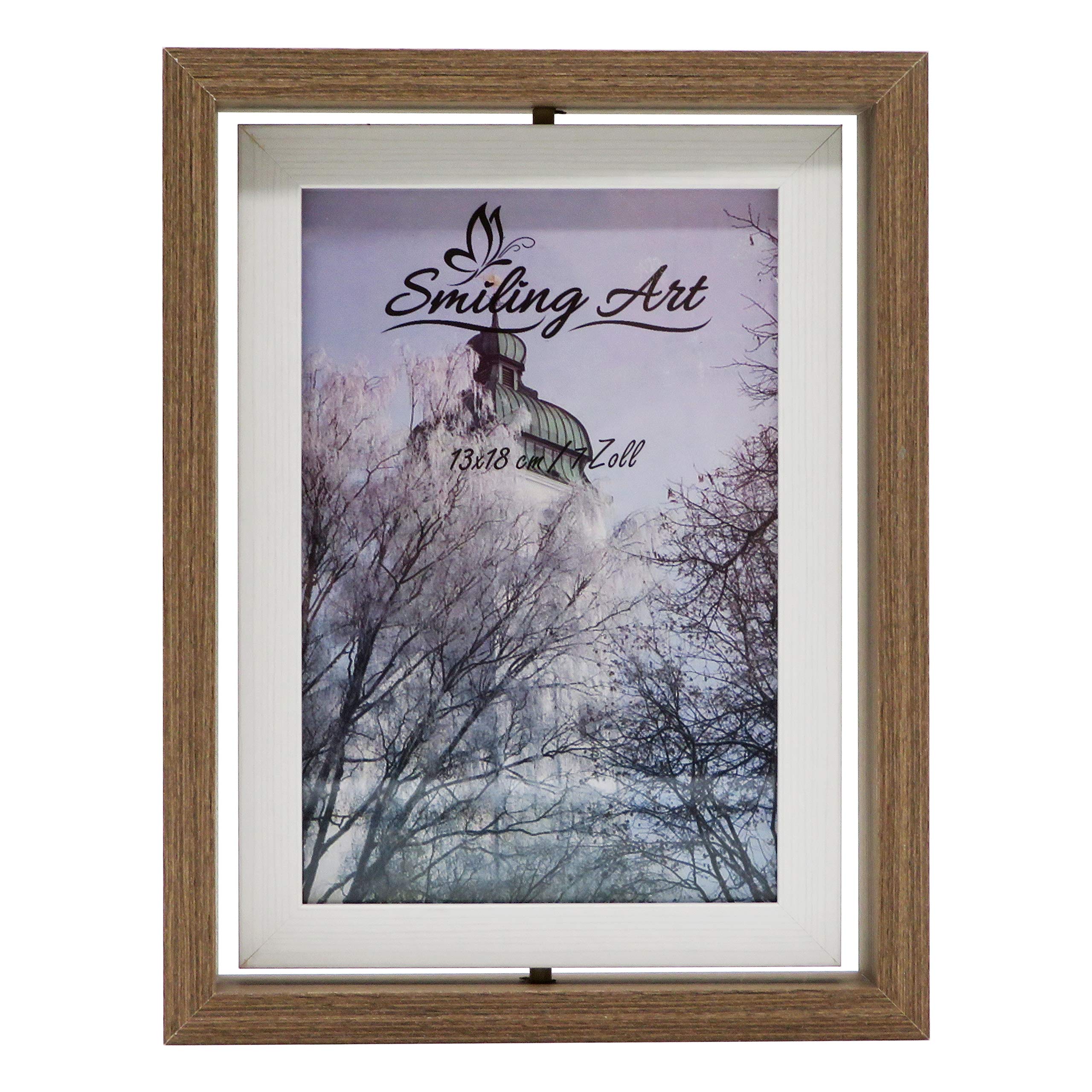 Smiling Art drehbarer Bilderrahmen, Doppelrahmen für 2 Fotos aus MDF Holz mit Glas in Querformat und Hochformat zum Aufstellen (Braun+Weiß, 13x18 cm)