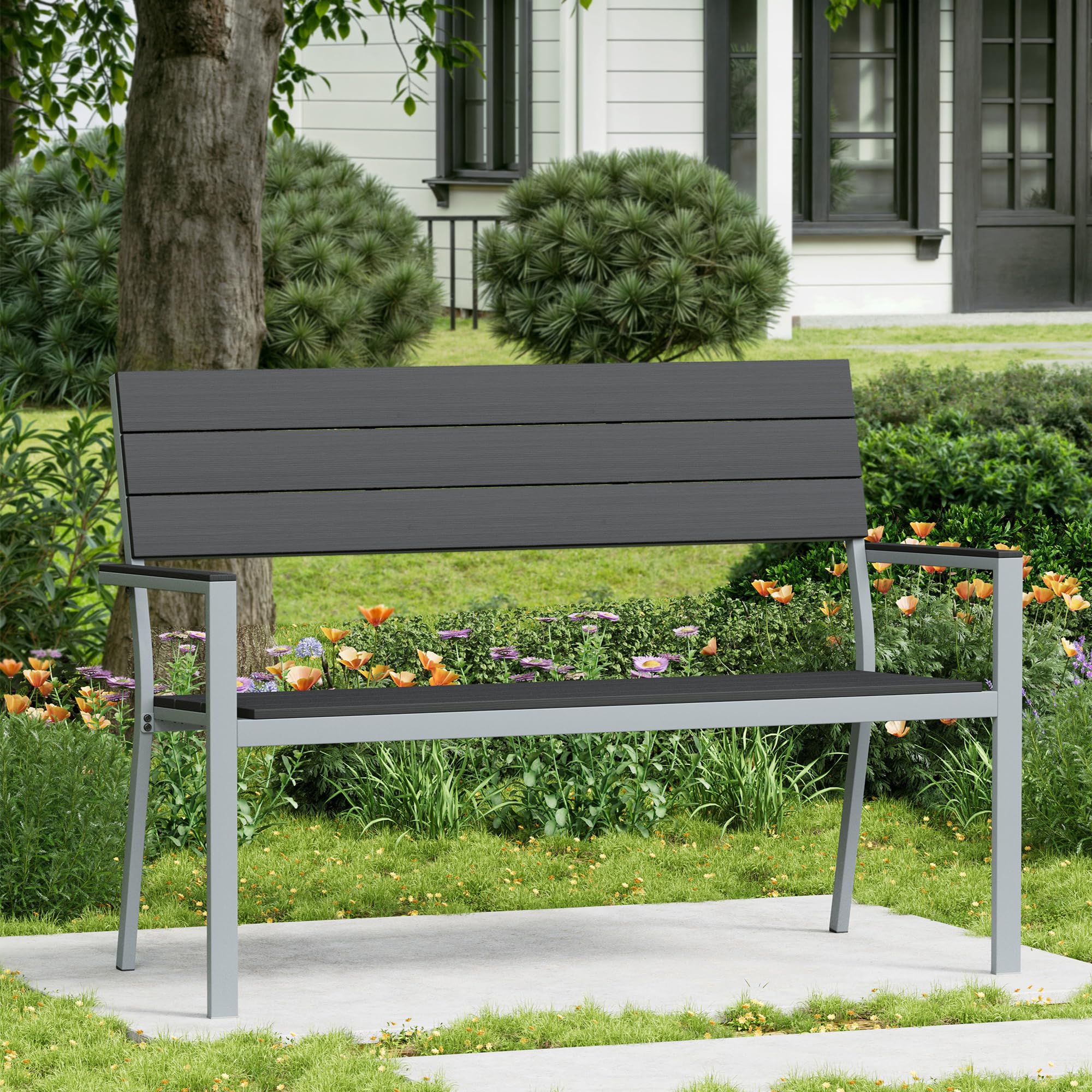 Amopatio Gartenbank Wetterfest, 2 Sitzer Sitzbank Outdoor, Balkonbank Metall aus WPC, UV-beständig Holzbank, Moderne Parkbank Gartenmöbel bis 320kg für Garten, Terrasse & Balkon, Schwarz-Anthrazit