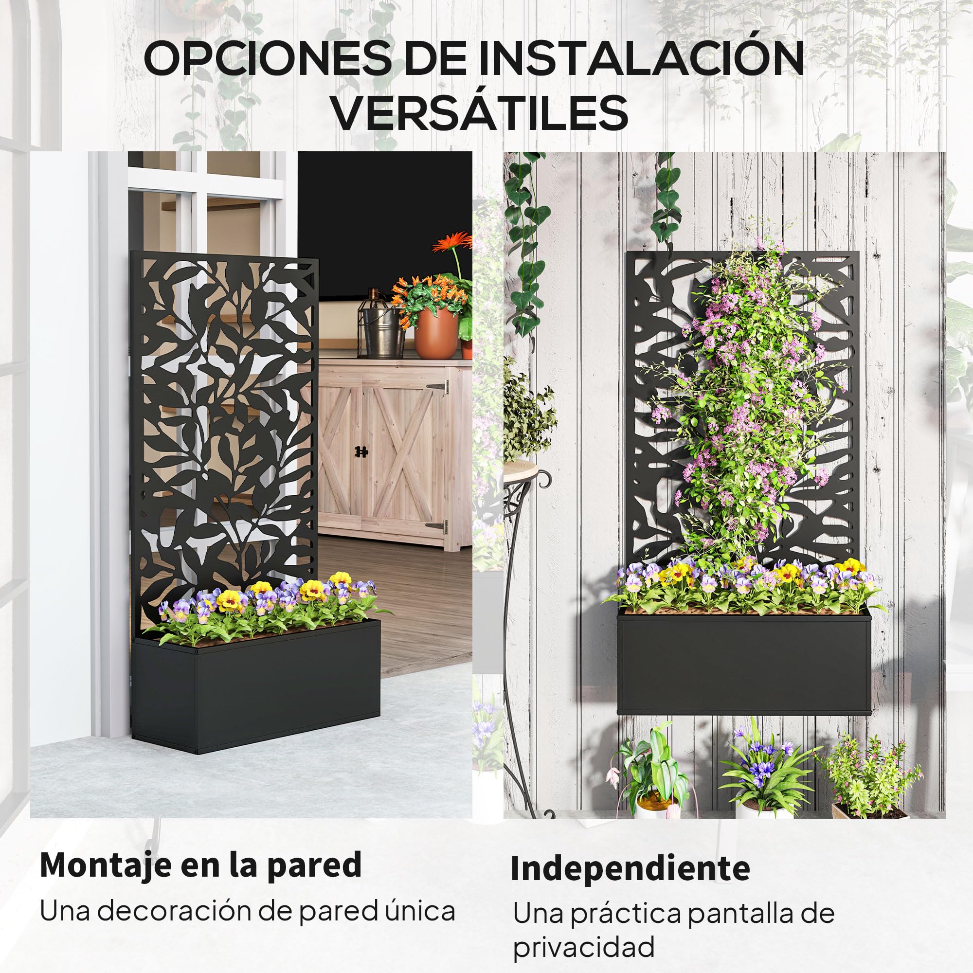 Outsunny Jardinera Exterior Grande de Metal Jardinera con Pantalla de Privacidad de Hojas Sólidas Decorativas Jardinera de Pared o Independiente para Patio Terraza 61x23x113 cm Negro