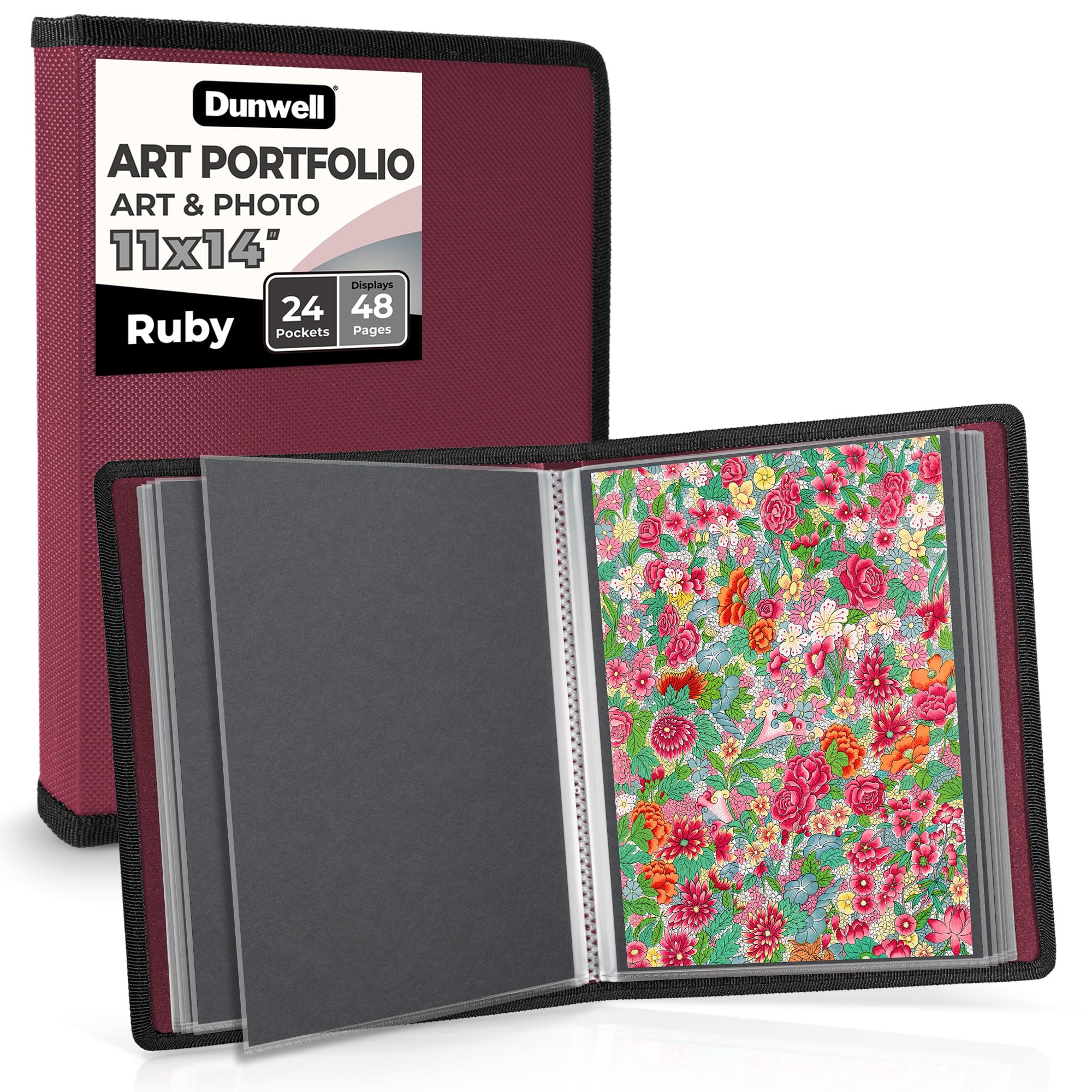 Dunwell 11x14 Art Portfolio Binder with Mounting Paper (Ruby), Large Portfolio Folder for Artwork Storage, 24 Sleeves Displays 48 Pages, Acid-Free Poly 11 x 14 Presentation Book