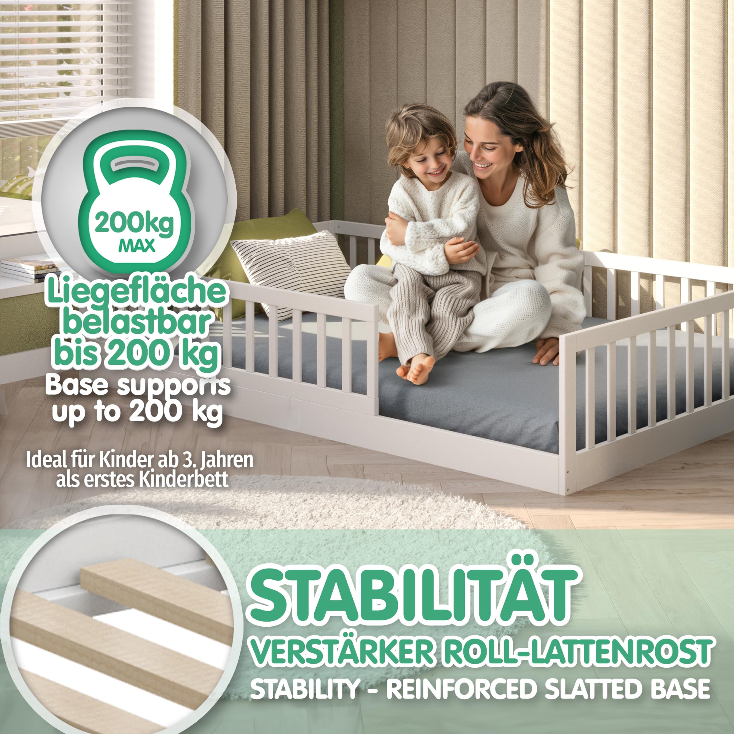 CADANI Timi Lit de Sol 120x200 cm Lit Enfant Montessori avec Barrière de Sécurité et Sommier à Lattes, Bois Massif Pin, Blanc, 3 Variantes de Construction