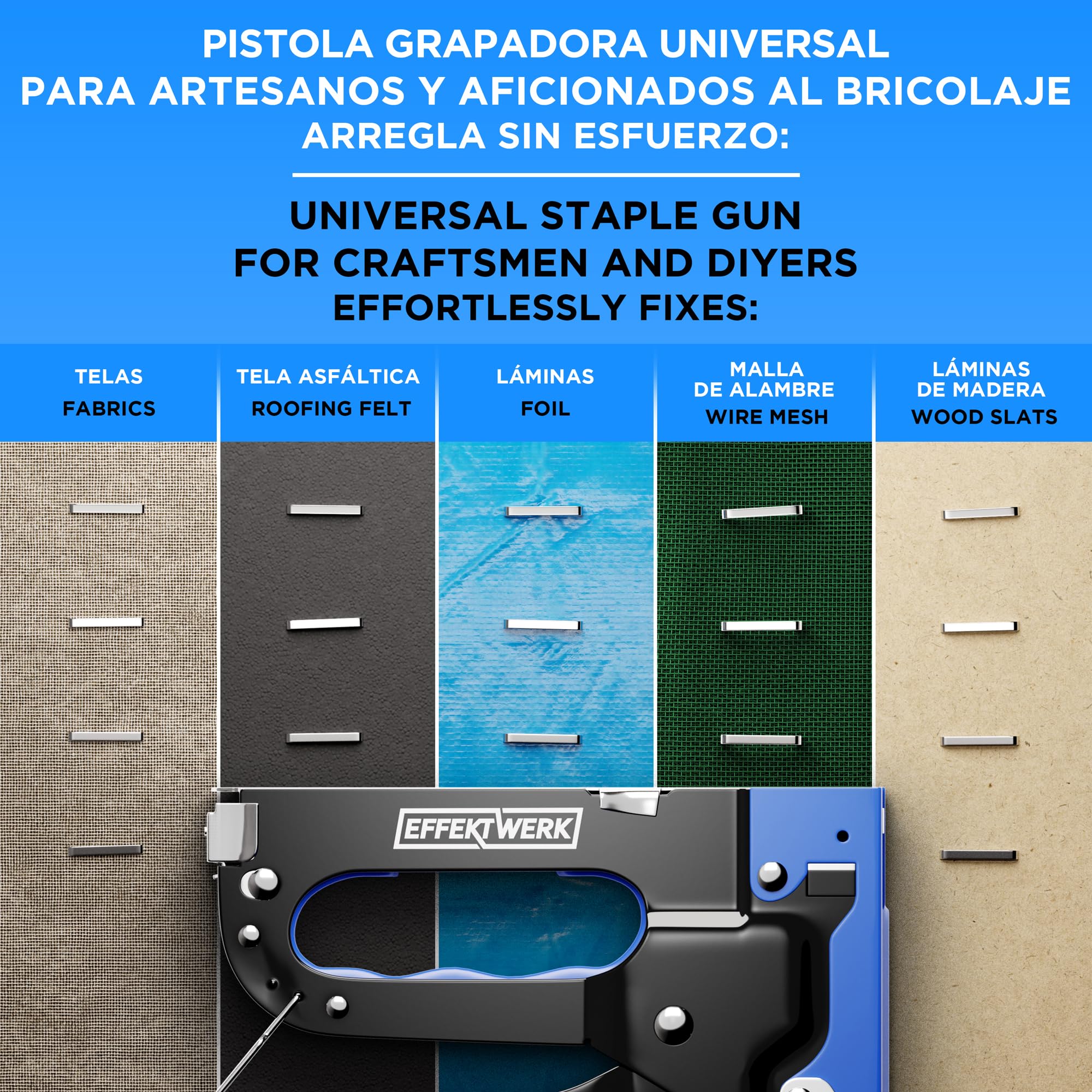 Set de Grapadora 5 en 1 - Grapadora de Alta Resistencia + 1500 Grapas + Quitagrapas para Madera, Tela, Malla Metálica - Construcción, Manualidades, Tapicería