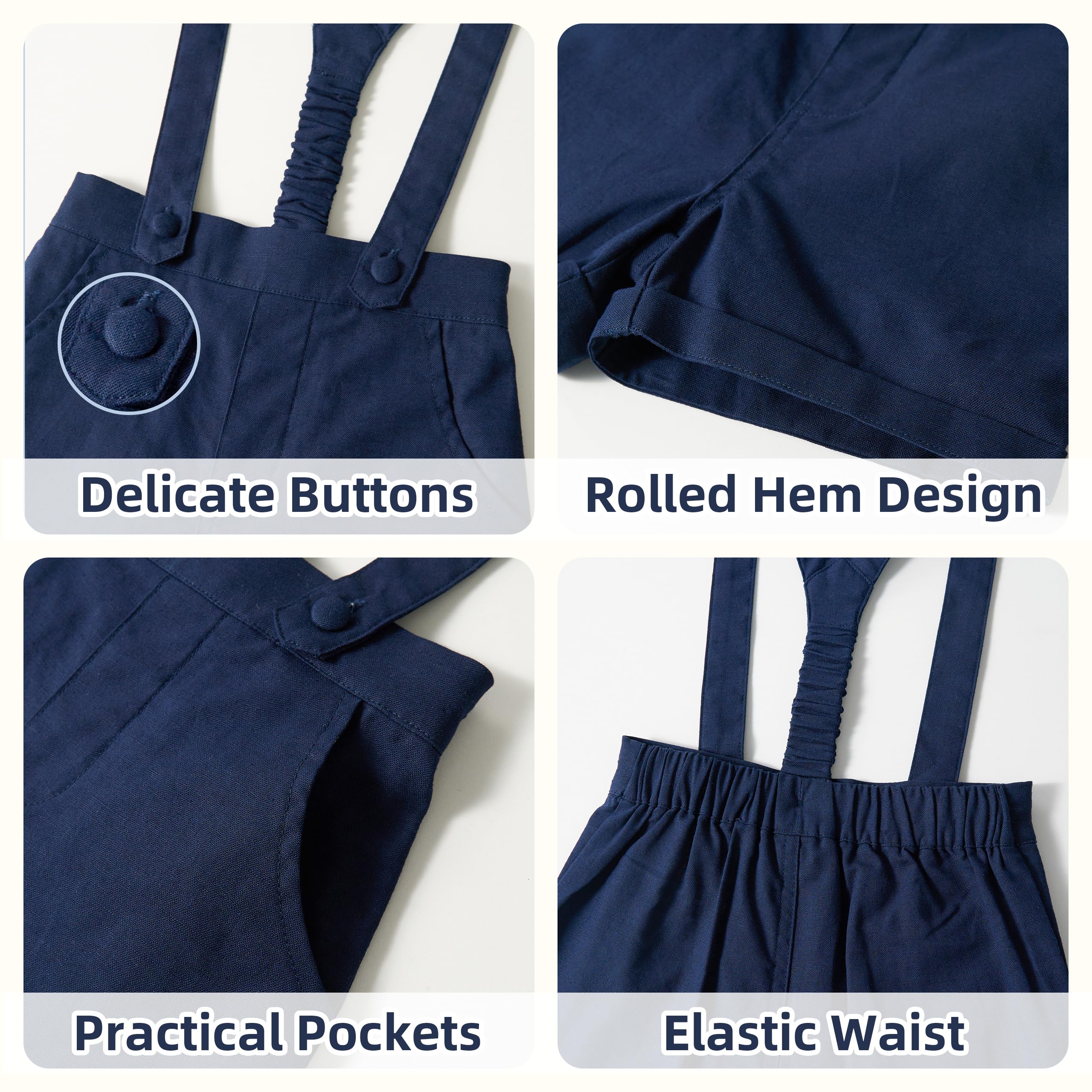 Volunboy Bebé Niño Pantalones Cortos con Tirantes, Verano Lino Shorts con Pajarita 3 Piezas