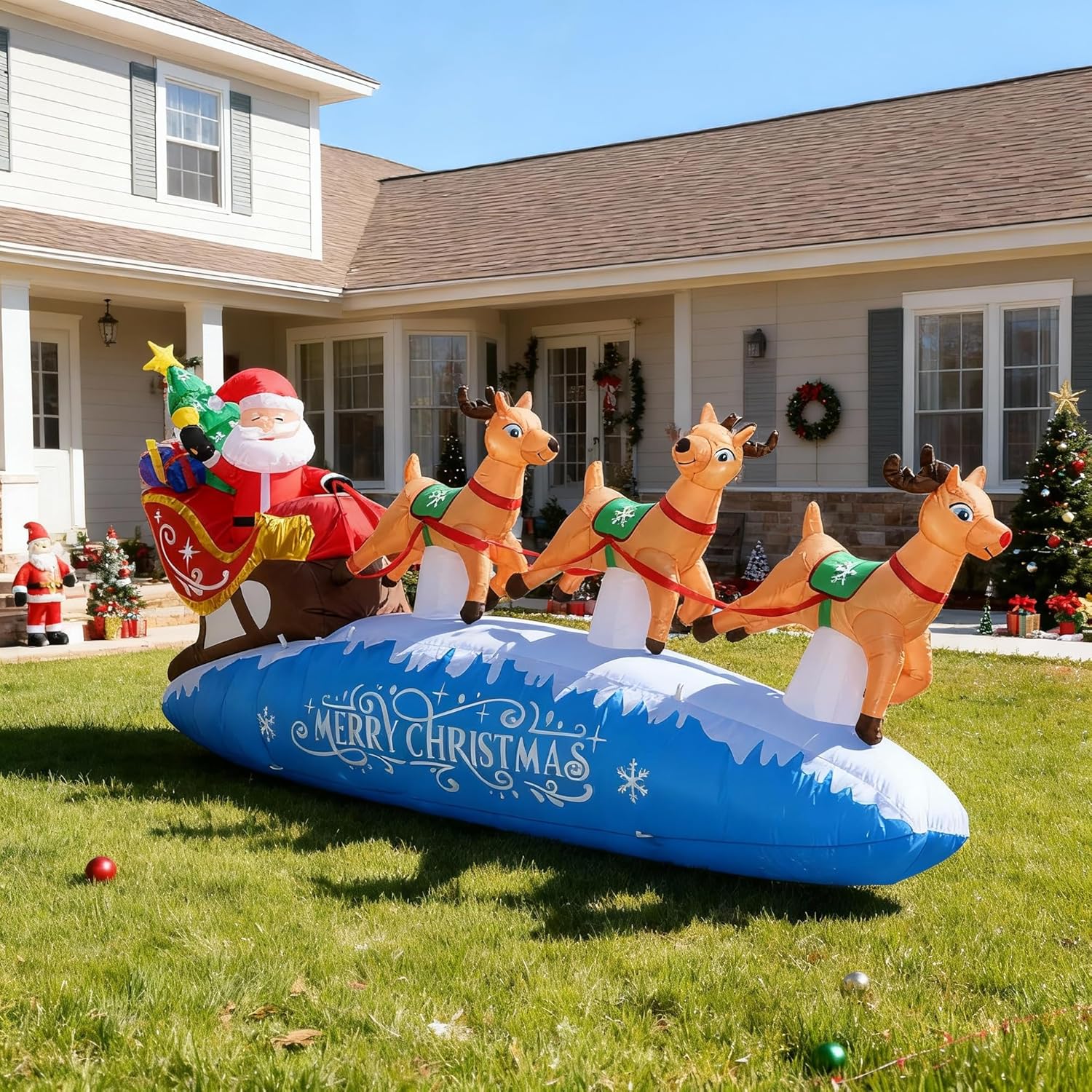 ZPISF 10 FT Santa Sleigh with Reindeer Christmas Inflatables Outdoor Decorations, Christmas Blow Up Yard Decorations for Garden Lawn Xmas Decor (Blue) - Image 2