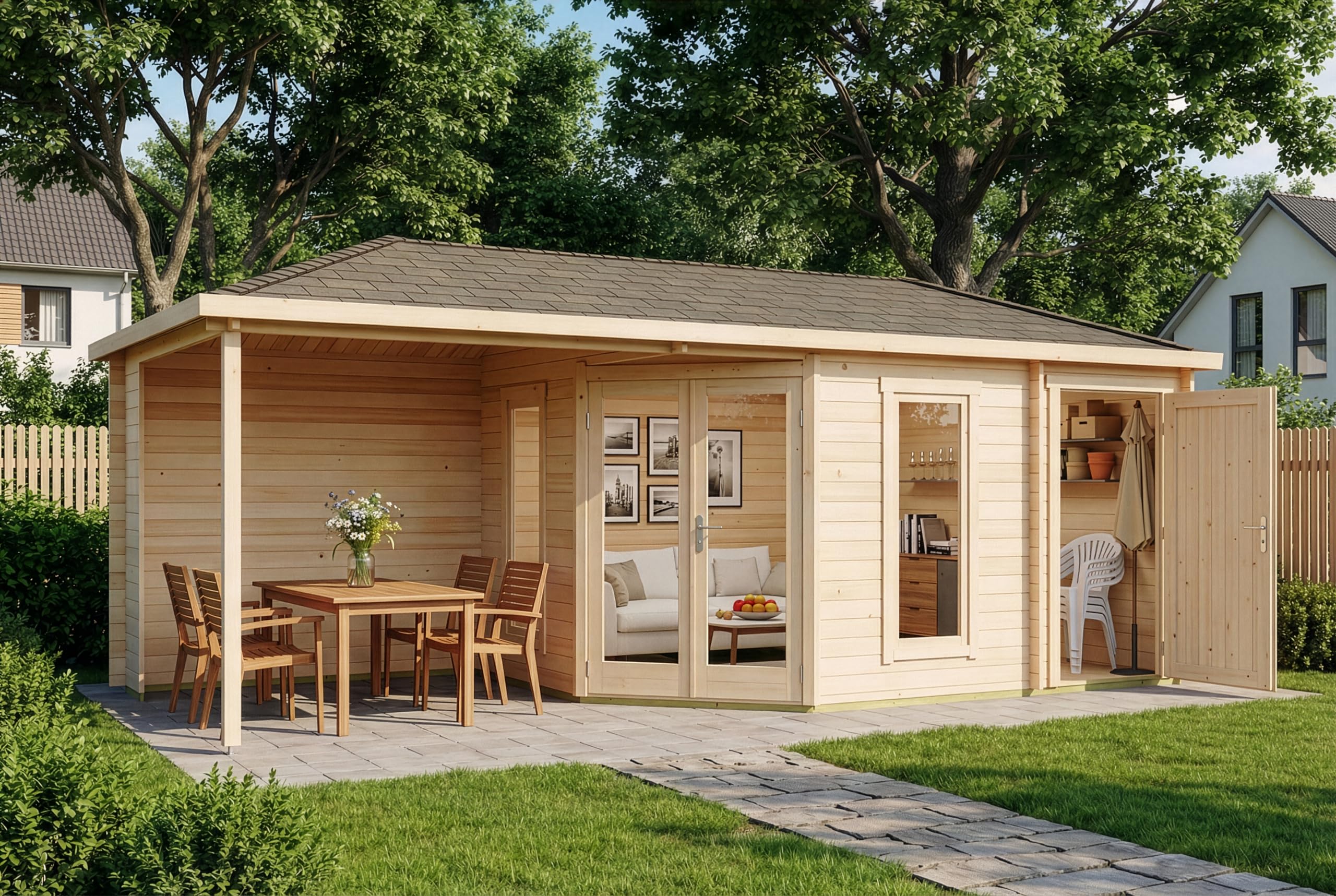 Alpholz 5-Eck Gartenhaus Liwa mit Anbau aus Holz in Naturbelassen mit 28mm Wandstärke und Überdachter Terrasse