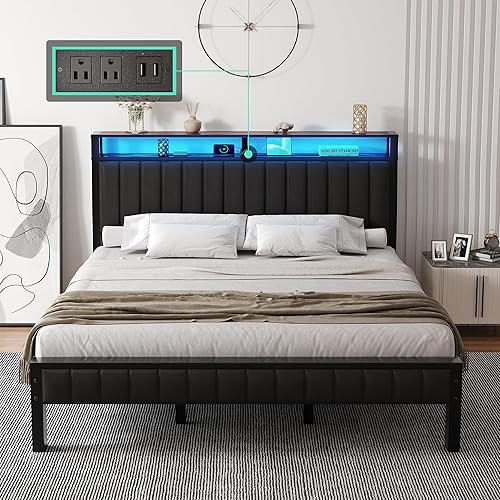 LUXOAK Base de cama tamaño King con luz LED, plataforma de metal con cabecera de piel sintética, estación de carga, cabecera de almacenamiento de 2