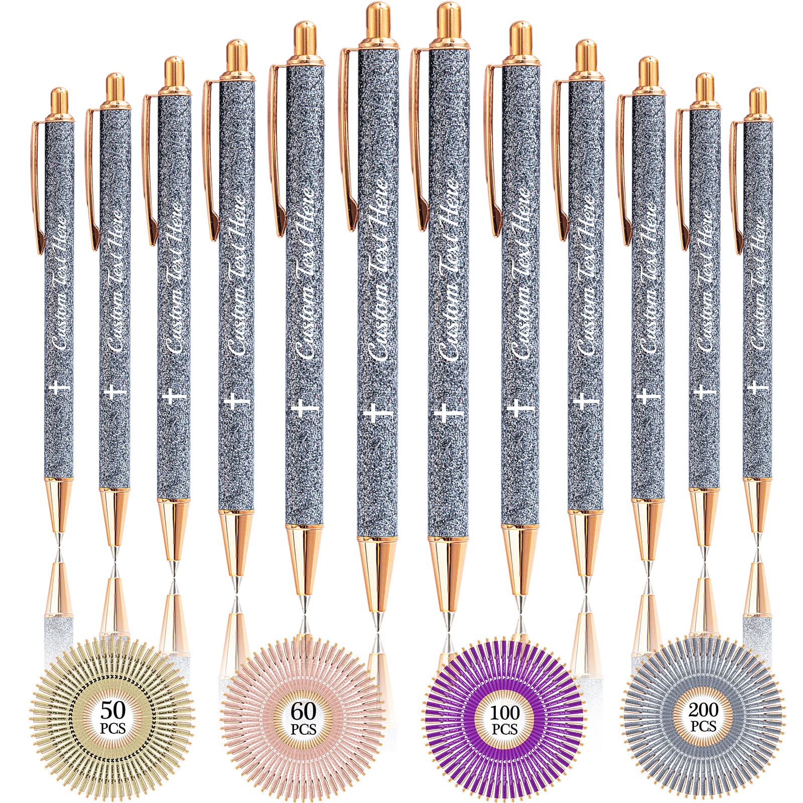 Aolun 10 Personalised Pens with Name Custom Glitter Pen Bulk Customised Retractable Ballpoint Pens with Text Message for Women Nurses Writing Birthday Business Graduation_Black Ink — image 1