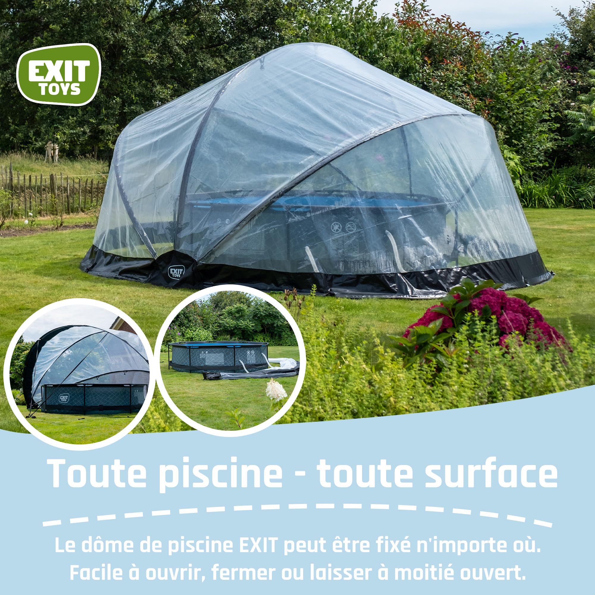 EXIT Toys Dôme de Piscine ECO - ø460cm - Convient à Tous Les Piscines et Sols - Protection pour Piscines Gonflables, à Parois en Acier, à Châssis et Enterrées - Stable et Résistante aux Intempéries