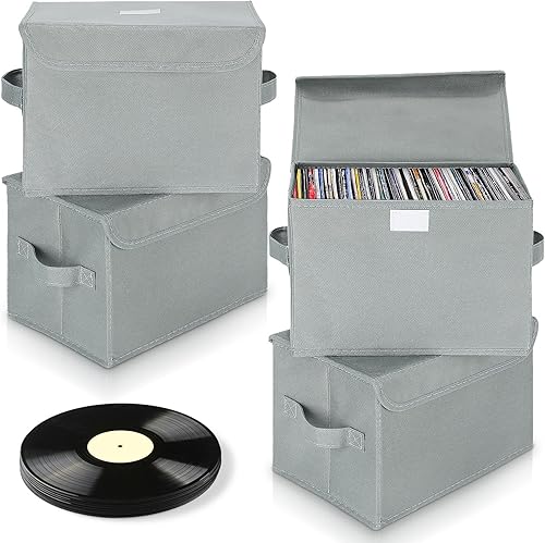 Paquete de 4 cajas de almacenamiento de discos de vinilo, organizador de discos LP, caja de almacenamiento de vinilo con tapa, almacenamiento para
