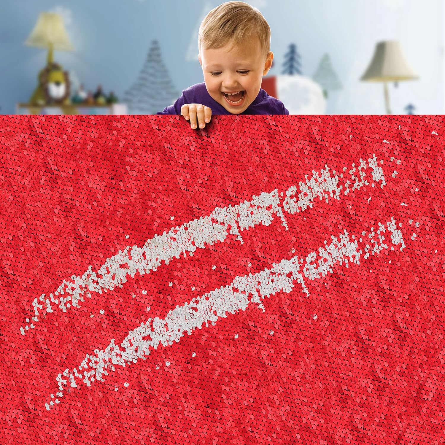 Sensory Wall Sequin Flip Fabric, Sturdy & Reusable Vibrant Sequin Fabric, 0.2″ Large Sequins Sensory Graffiti Fabric for Classroom Home Activity Autism Therapeutic Use (1 yd, Bright Red to Silver)