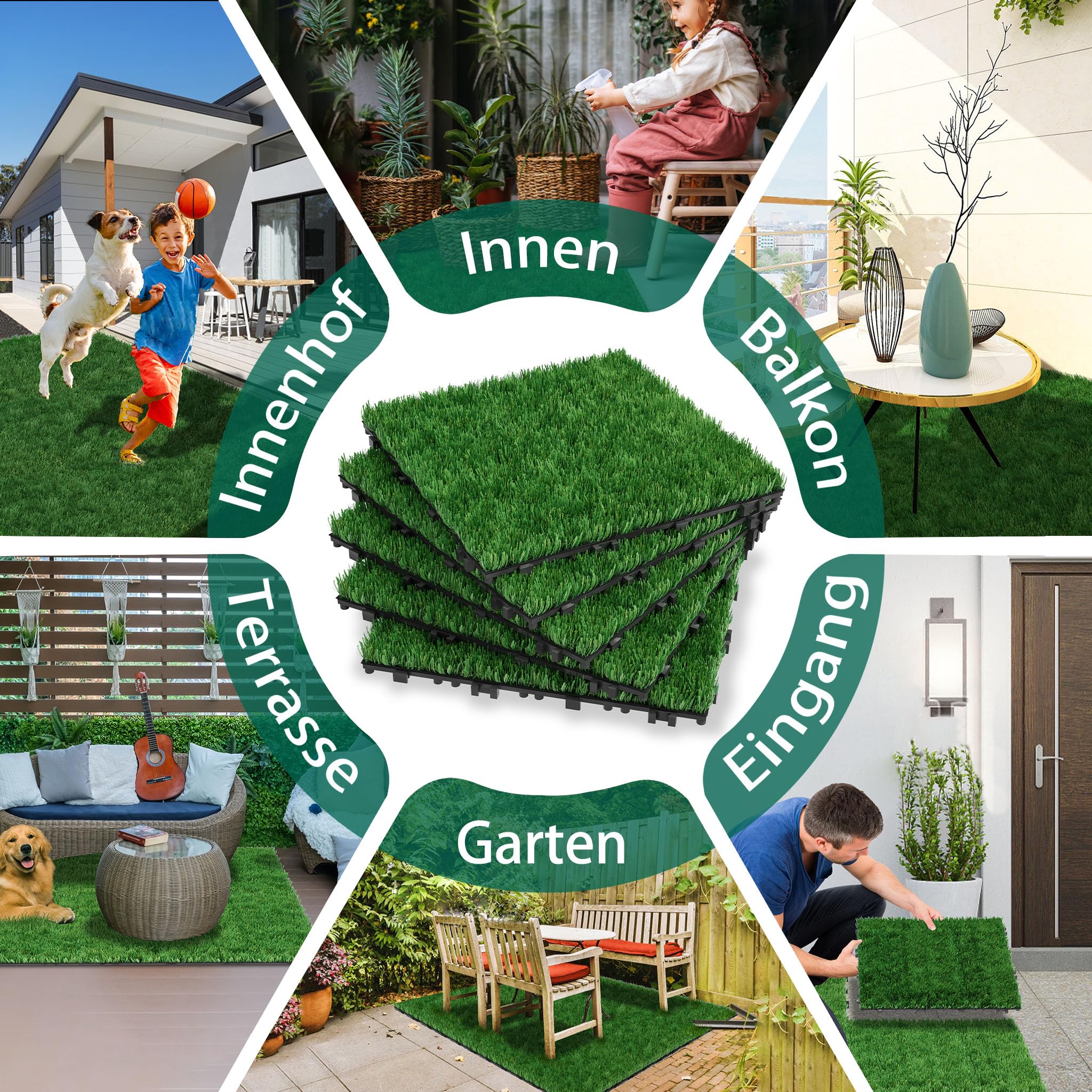 LZQ Lot de 22 tapis de gazon artificiel - 30 x 30 cm - Épaisseur totale : 4 cm - En plastique polyéthylène - Résistant aux UV - Pour jardin, balcon, pique-nique, moquette, extérieur