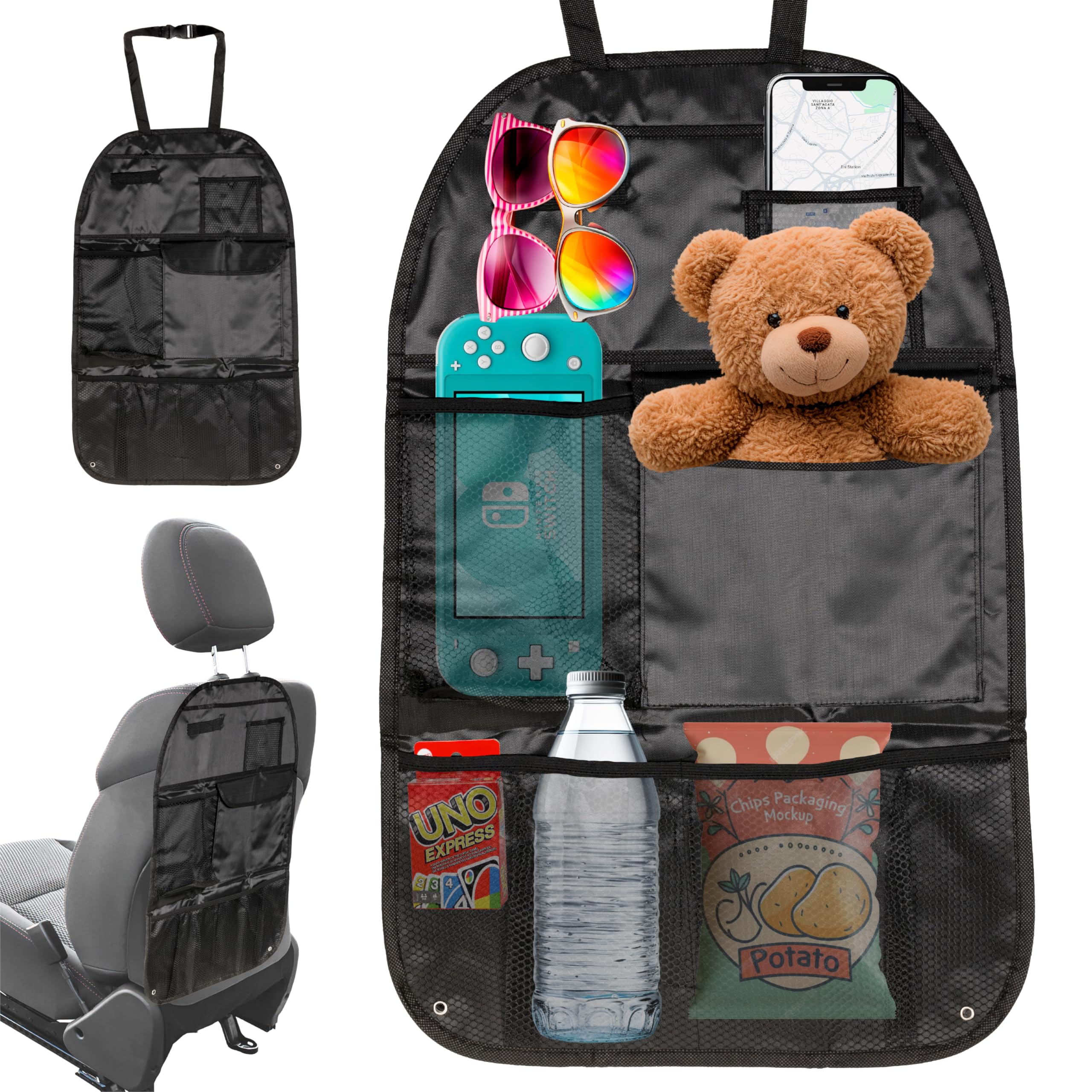 ACL STORE - Organizer Sedile Posteriore Auto, Impermeabile, Organizer Auto Con 5 Scomparti + 3 Porta Penne, 59cm x 38cm, Nero