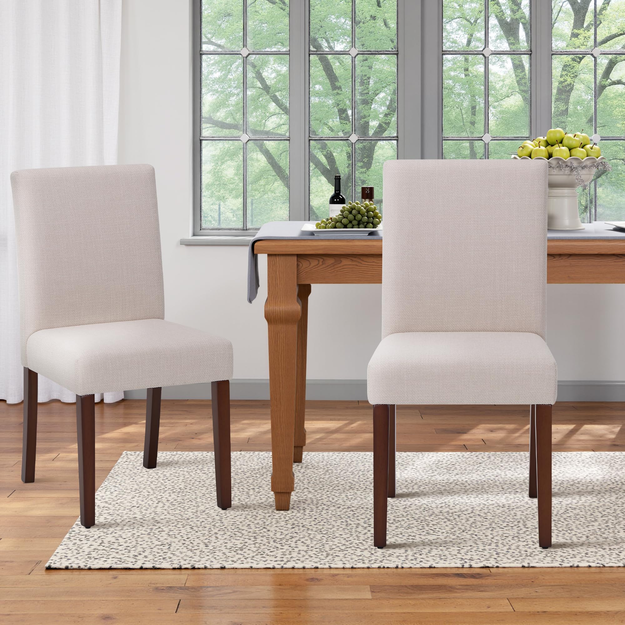 Upholstered Dining Chairs Set of 2 - Line Fabric Modern Farmhouse Kitchen Chairs, High-Back Dining Room Chairs with Wooden Legs