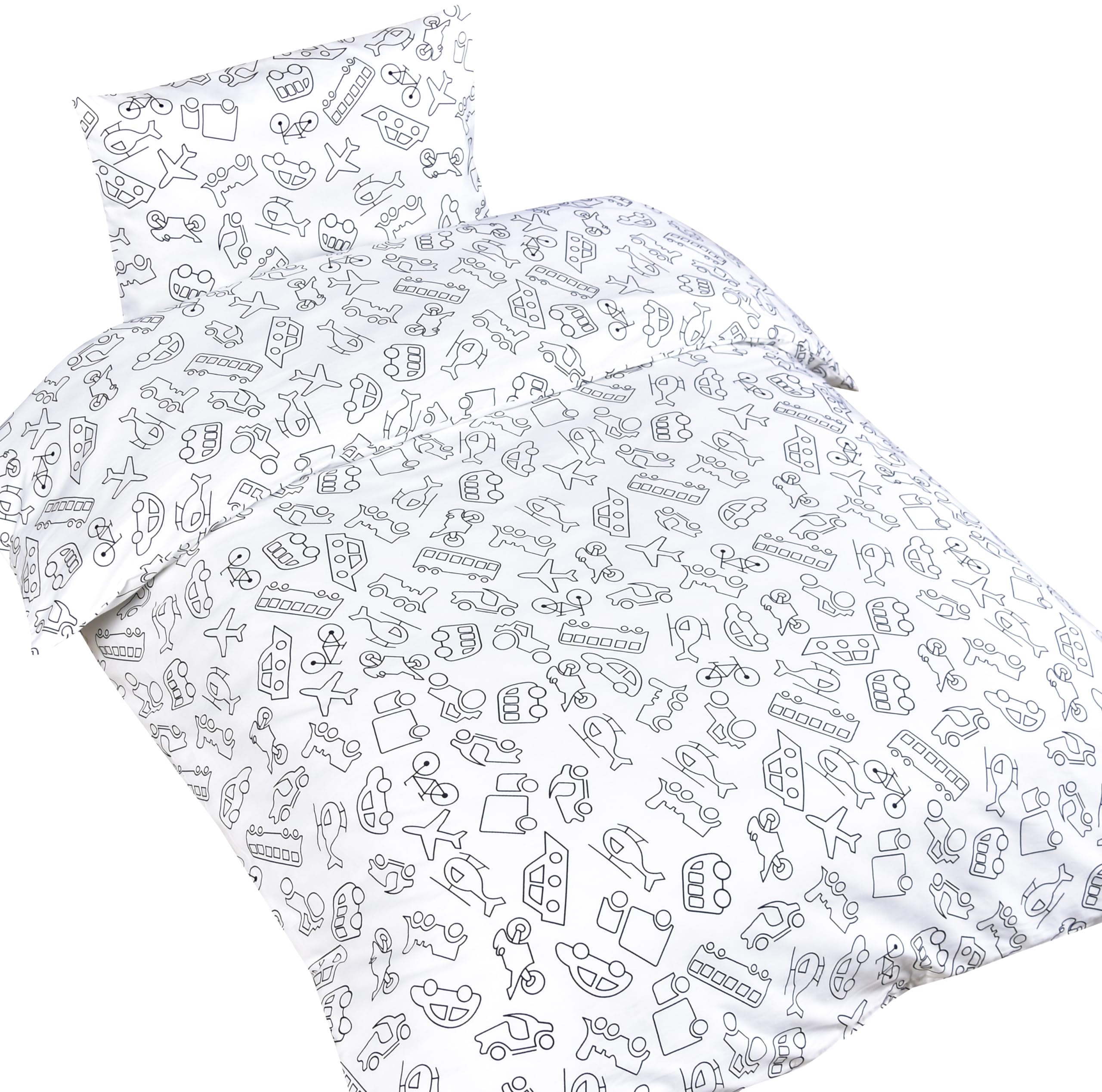 J-pinno Cars Airplane Ships Vehicle Boys Girls Cartoon Duvet Cover + Pillowcase Set, Zipper Closure, 100% Cotton, for Kids Crib Toddler Bedding Decoration Gift (Crib 47" X 59", Transport)